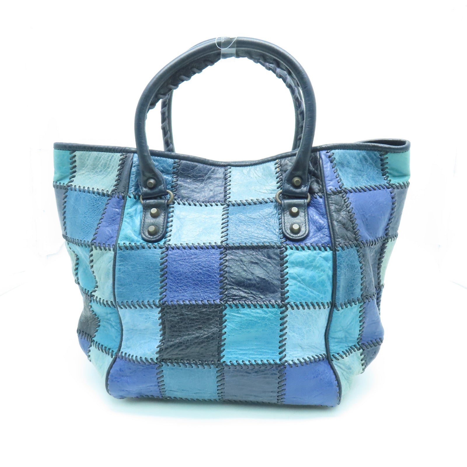 BALENCIAGA Cowhide Leather Tote Bag Gold Buckle Handle Bag Blue