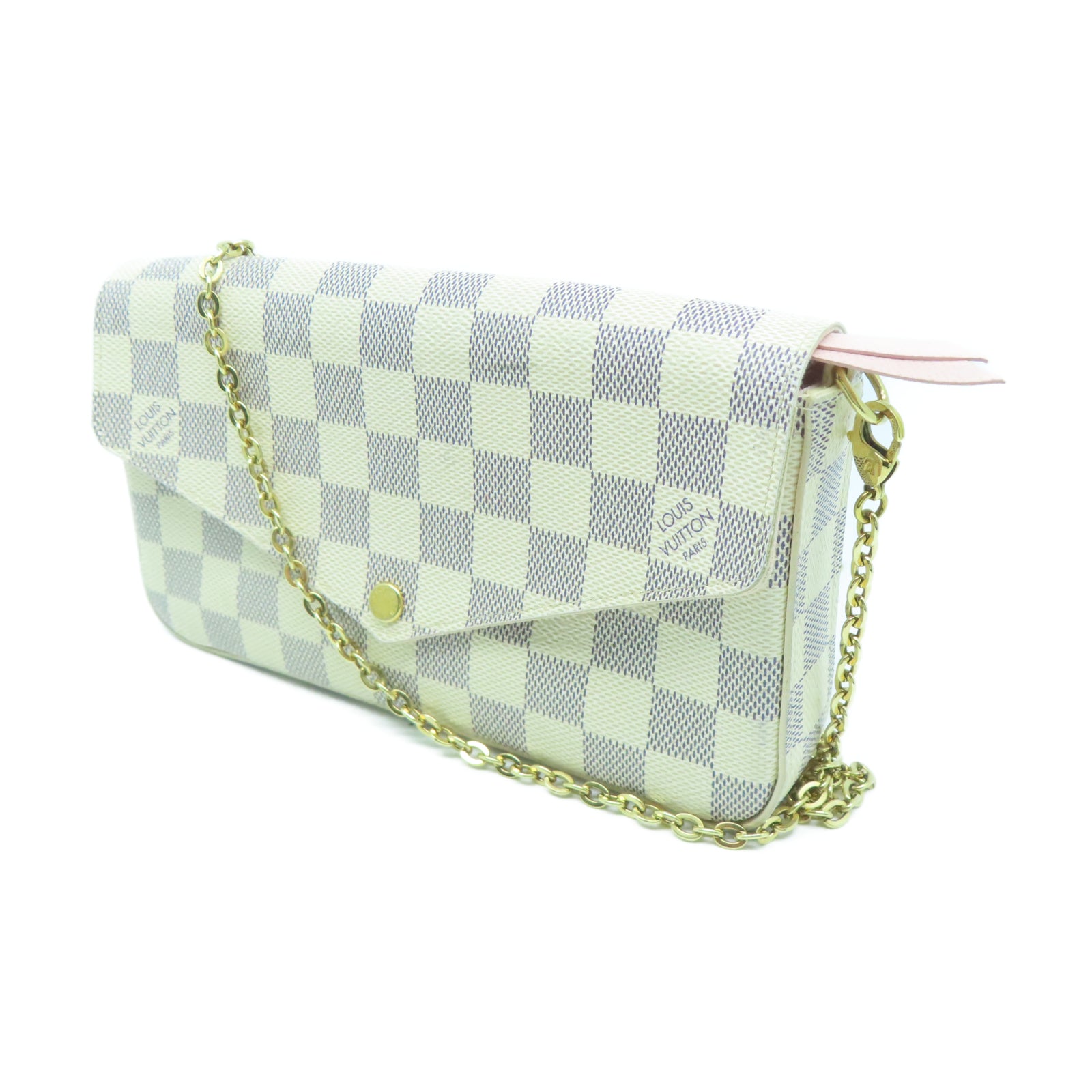 LOUIS VUITTON Damier Azur Felicie Pochette金扣鏈帶肩背袋白色