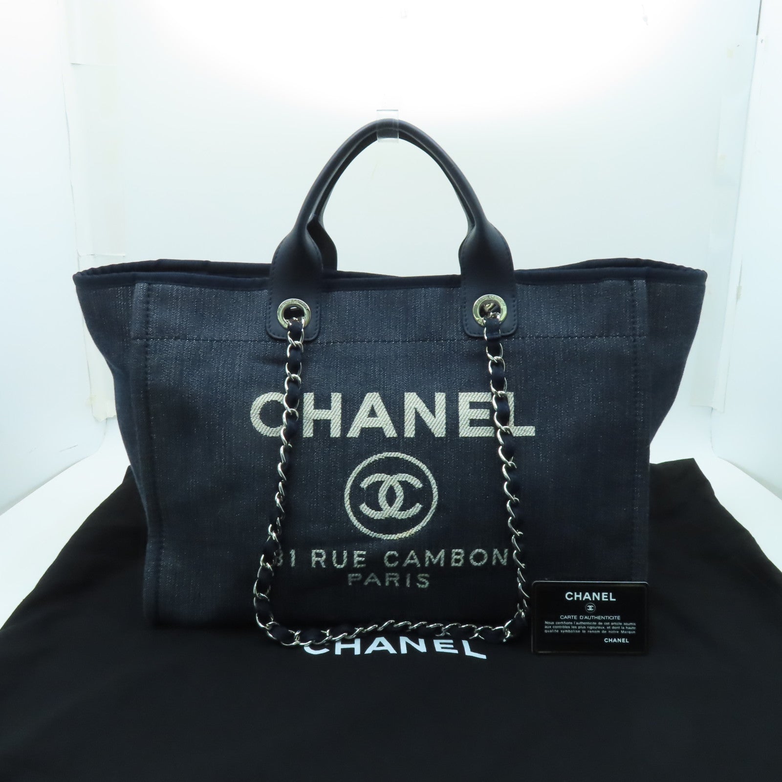 CHANEL 牛仔布Deauville Shopping Bag銀扣手挽袋深藍色