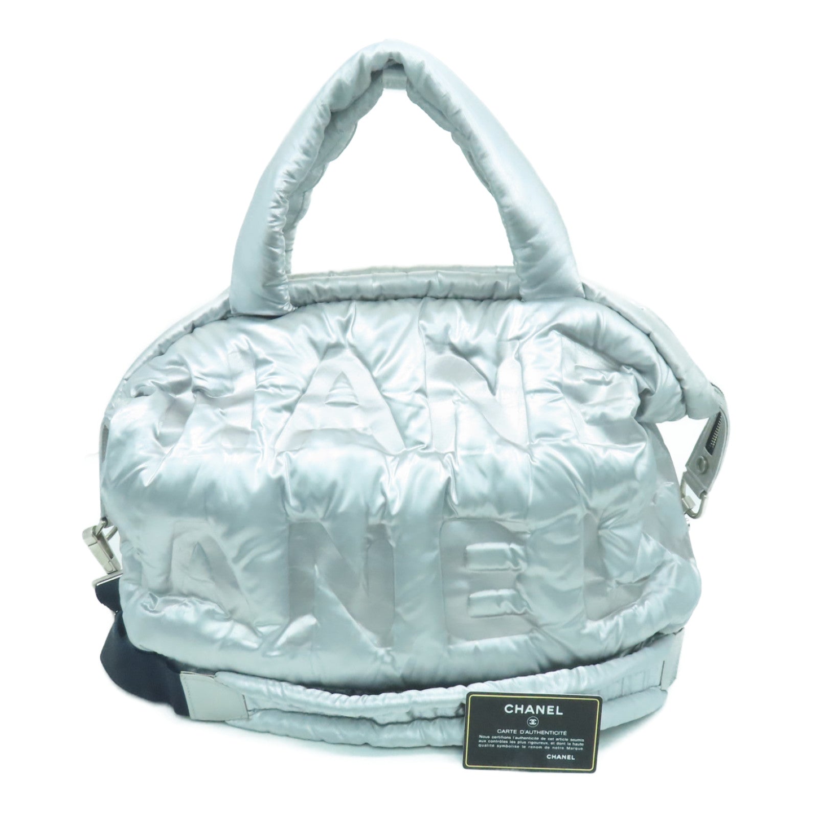 CHANEL 尼龙Doudoune L Zipper 2way Shoulder Bag银扣手挽肩背两用袋银色