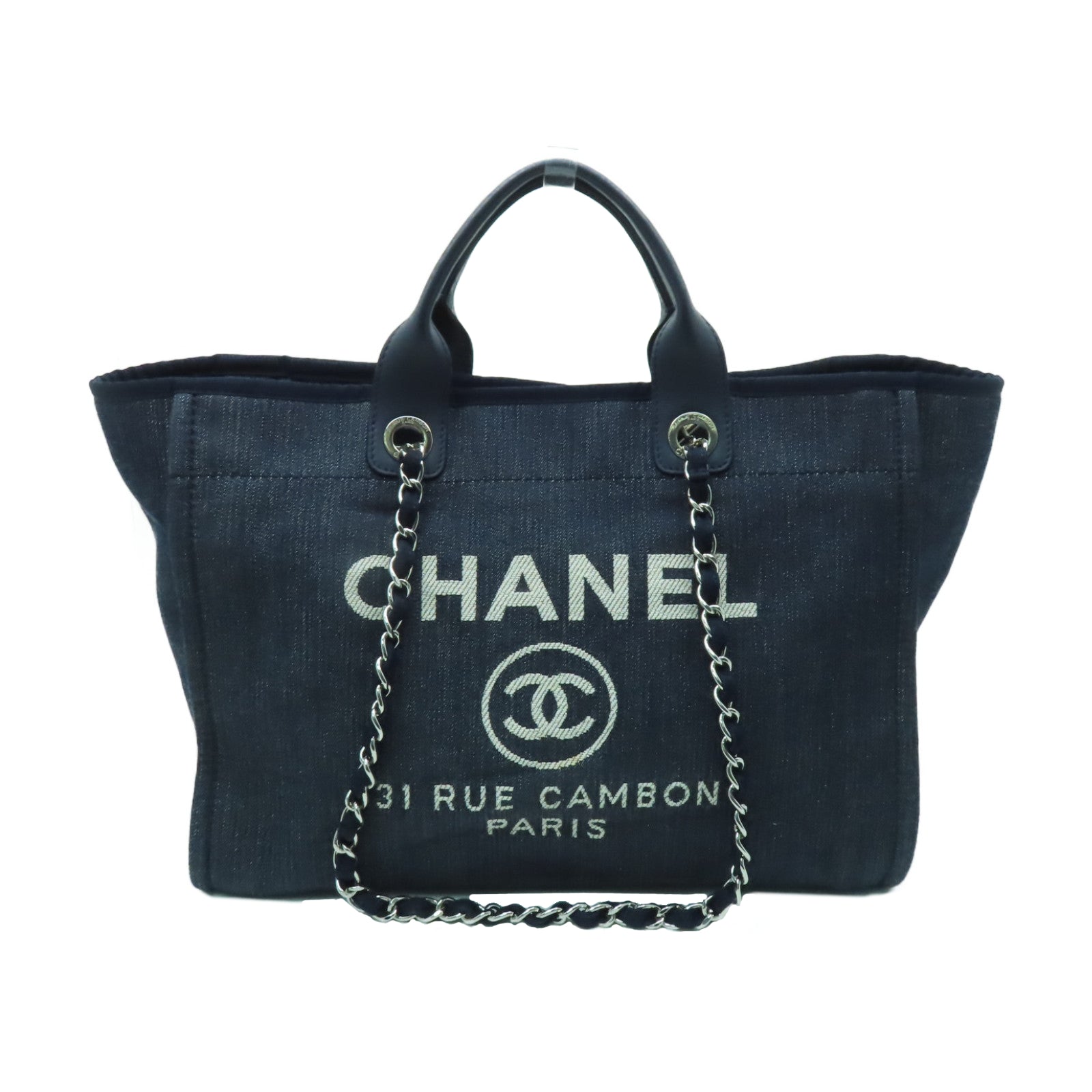 CHANEL 牛仔布Deauville Shopping Bag銀扣手挽袋深藍色