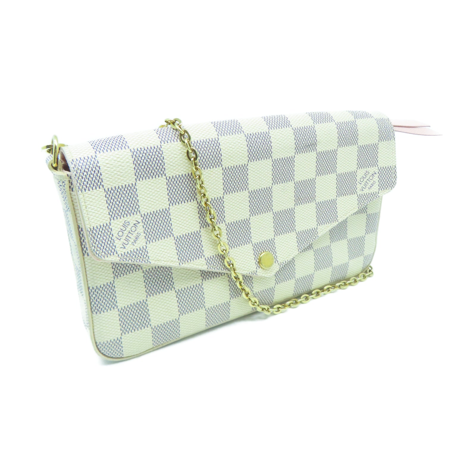 LOUIS VUITTON Damier Azur Felicie Pochette金扣鏈帶肩背袋白色