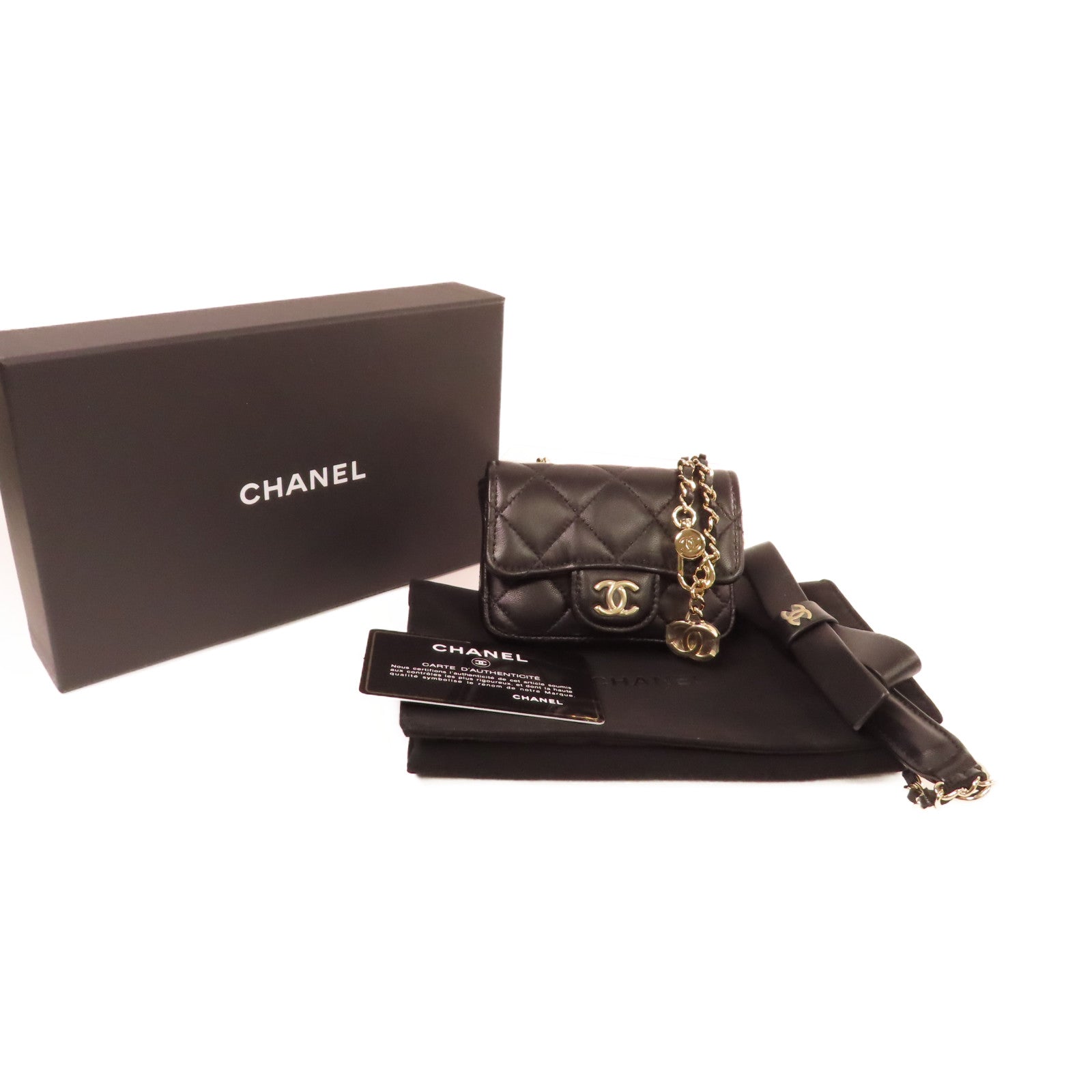 CHANEL 菱格羊皮皮革Chain Mini Shoulder Card Case金扣鏈帶肩背卡套黑色