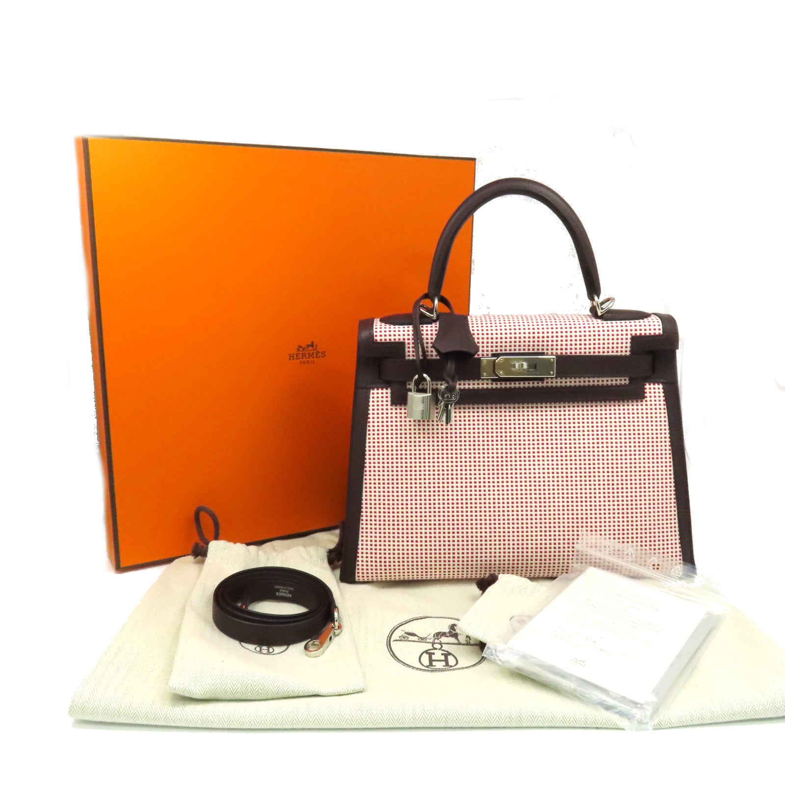 HERMES Swift皮革/Toile帆布Kelly 28 2Way Hand Bag银扣手挽肩背两用袋RG Sellier红色/白色/啡色
