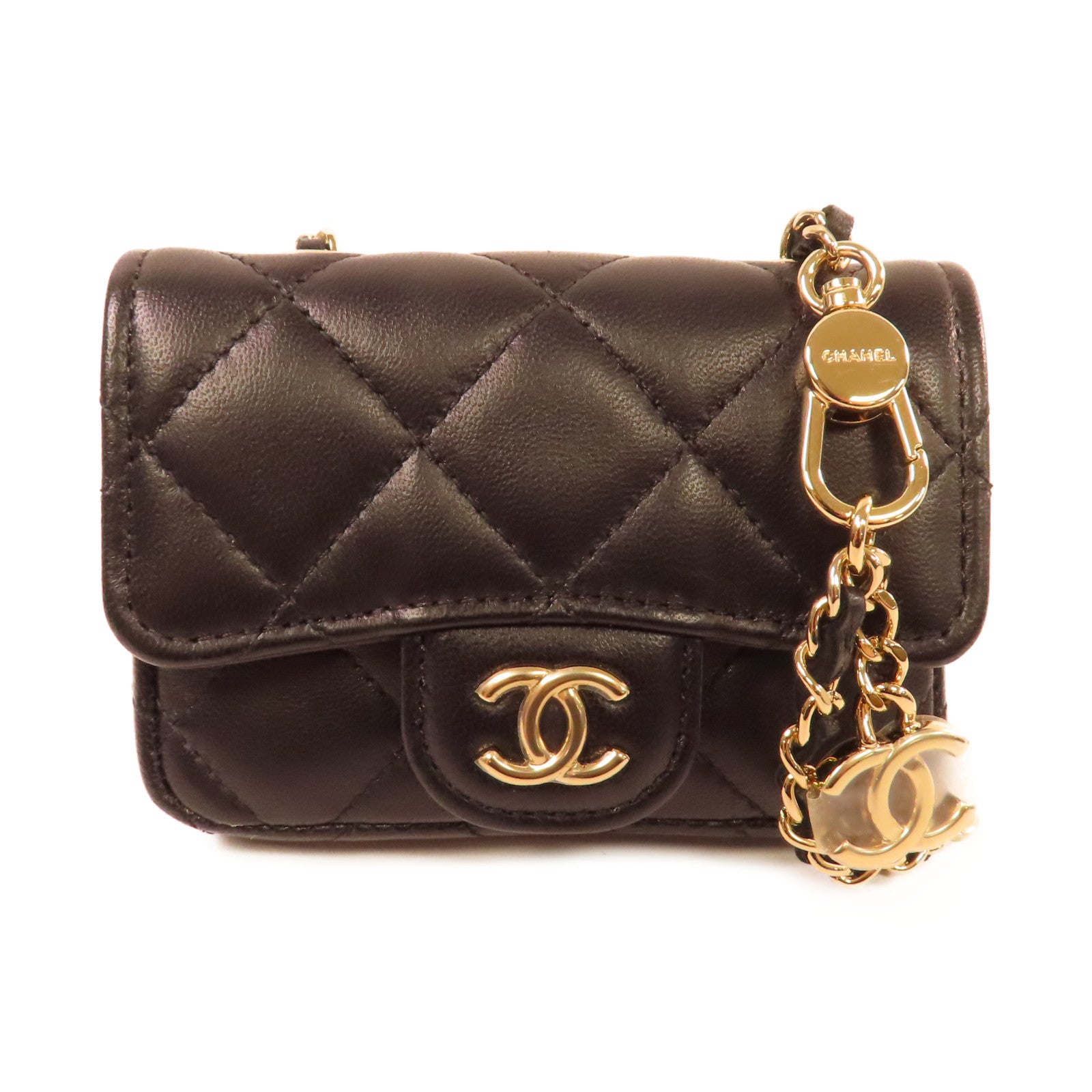 CHANEL 菱格羊皮皮革Chain Mini Shoulder Card Case金扣鏈帶肩背卡套黑色