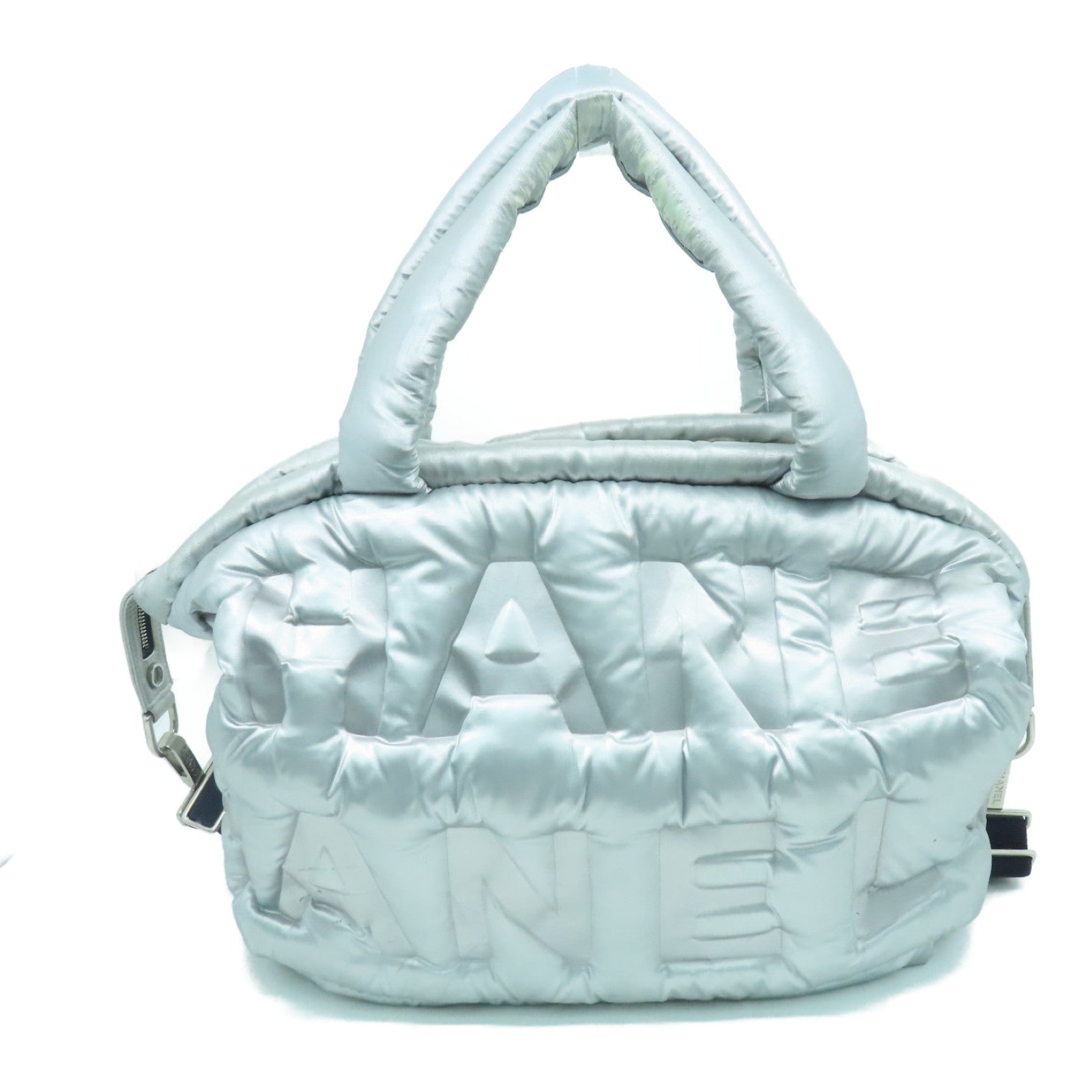CHANEL 尼龙Doudoune L Zipper 2way Shoulder Bag银扣手挽肩背两用袋银色