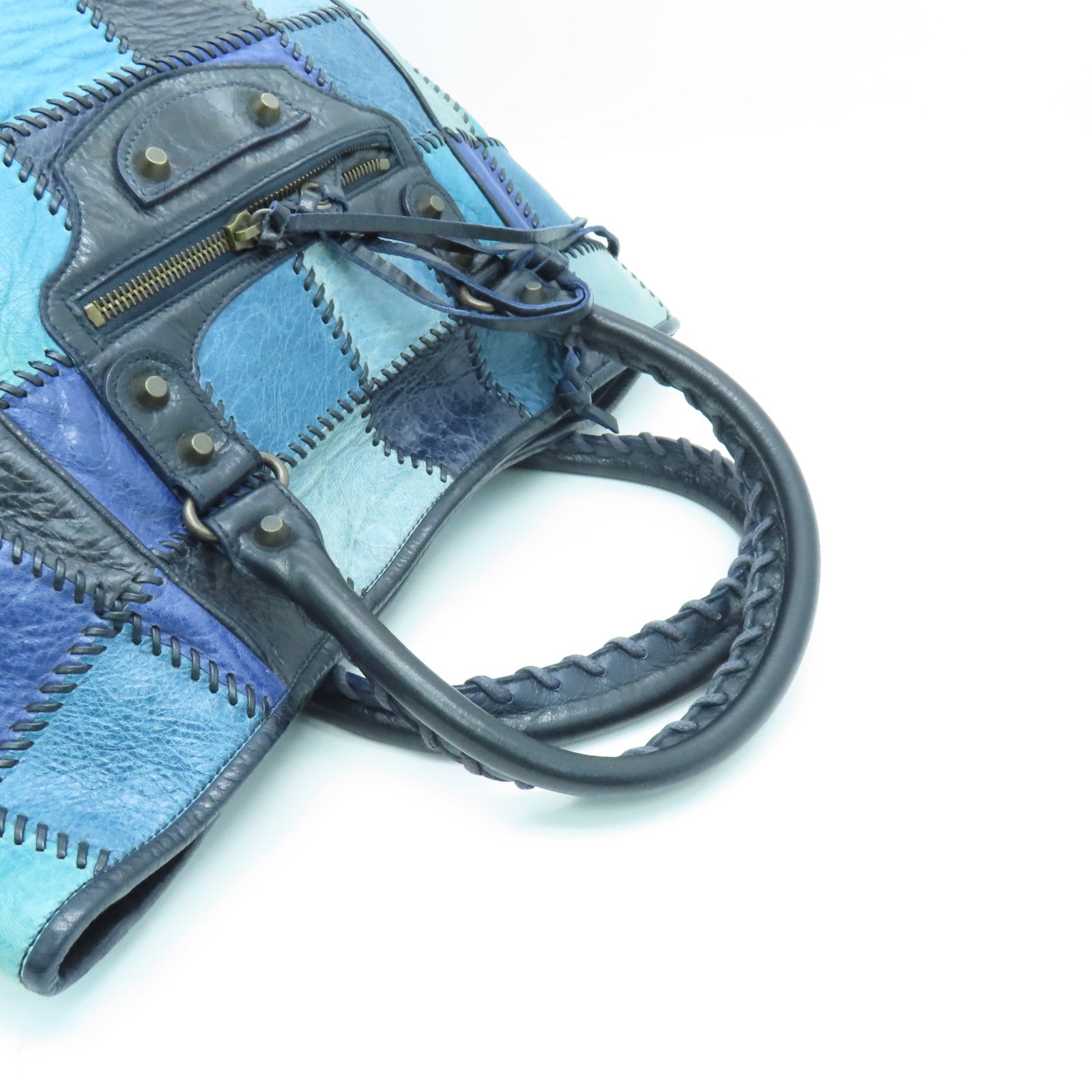 BALENCIAGA Cowhide Leather Tote Bag Gold Buckle Handle Bag Blue