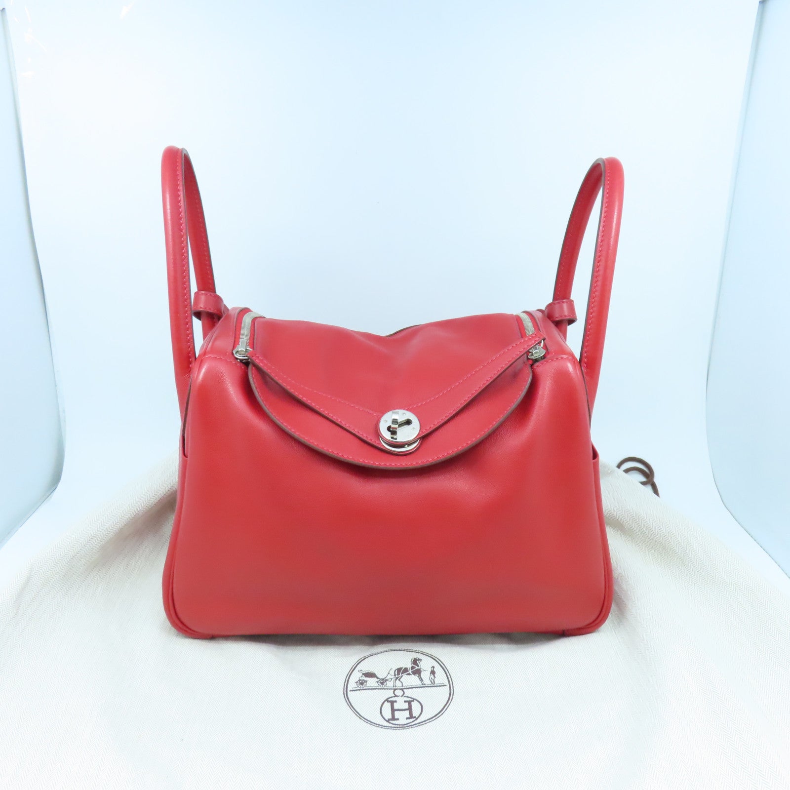 HERMES 【激減優惠】Clemence皮革Lindy 30銀扣手挽肩背兩用袋Rouge Casaque紅色