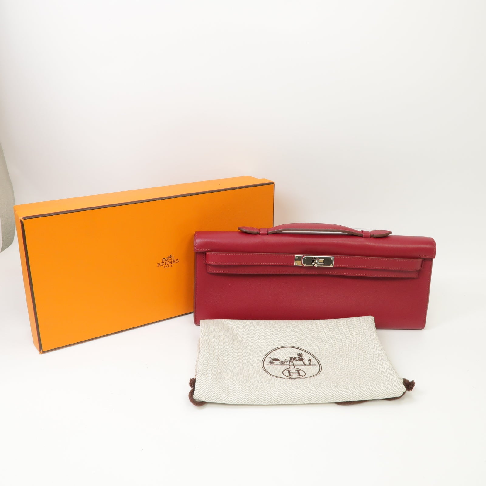 HERMES Swift皮革Kelly Cut銀扣手挽袋Ruby紅色