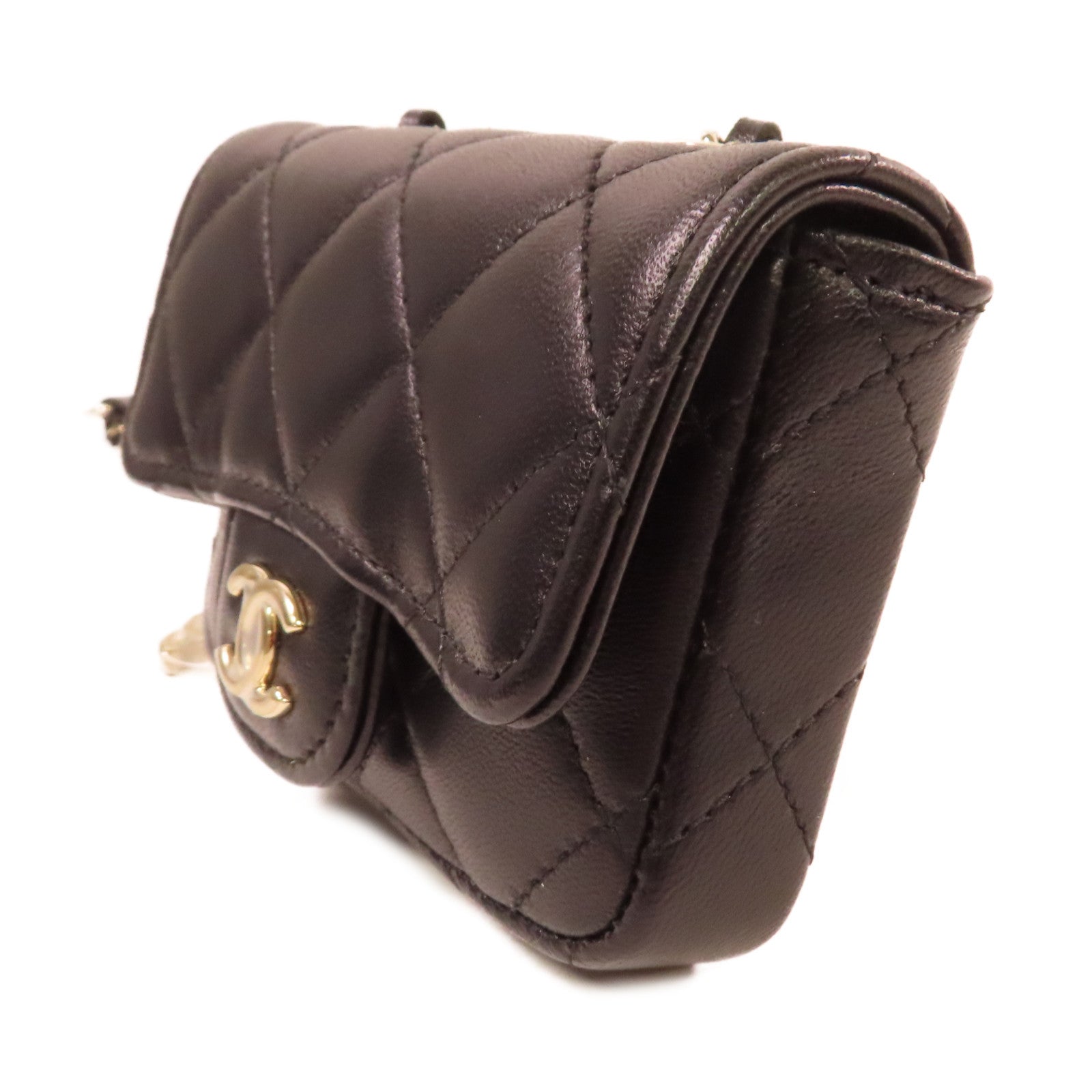 CHANEL 菱格羊皮皮革Chain Mini Shoulder Card Case金扣鏈帶肩背卡套黑色