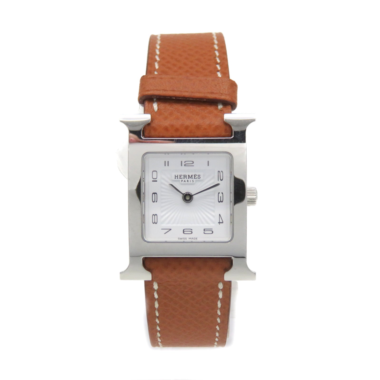 HERMES Heure H watch Stainless Steel/Epsom Leather Band Quartz Watch White/Gold Brown