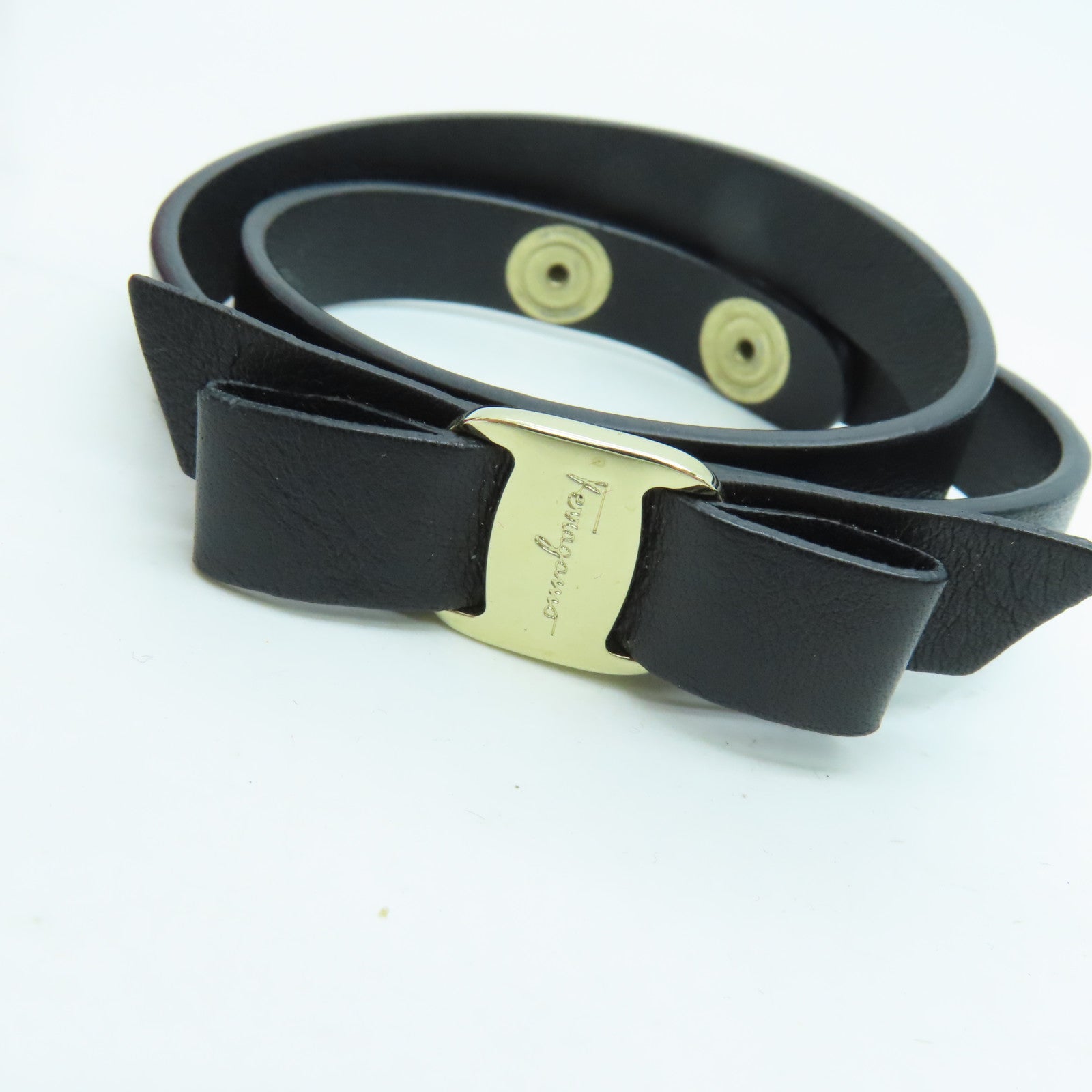 Salvatore Ferragamo Calf Leather Bracelet Gold Buckle Hand Strap Black