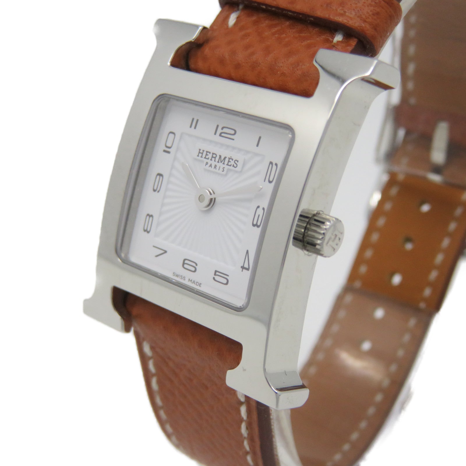 HERMES Heure H watch Stainless Steel/Epsom Leather Band Quartz Watch White/Gold Brown