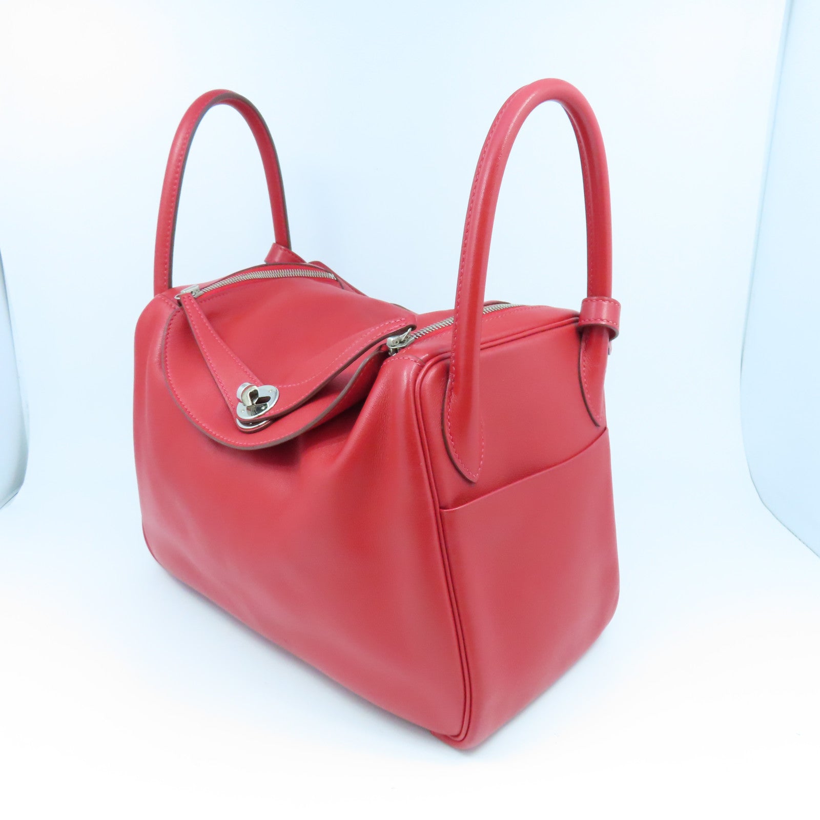 HERMES 【激減優惠】Clemence皮革Lindy 30銀扣手挽肩背兩用袋Rouge Casaque紅色