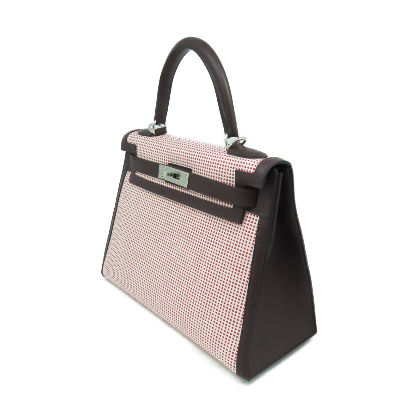HERMES Swift皮革/Toile帆布Kelly 28 2Way Hand Bag银扣手挽肩背两用袋RG Sellier红色/白色/啡色