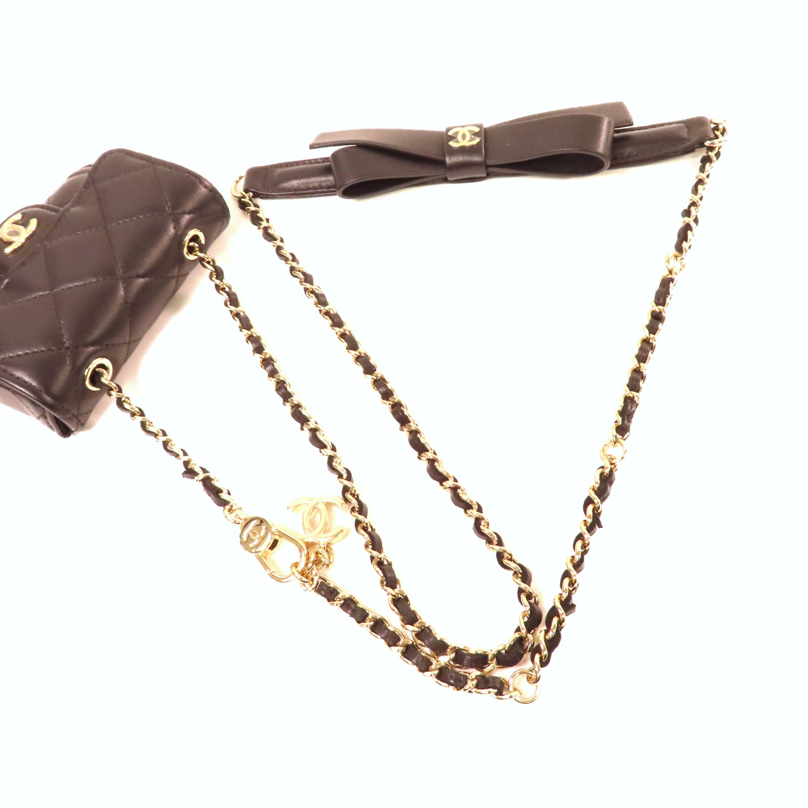 CHANEL 菱格羊皮皮革Chain Mini Shoulder Card Case金扣鏈帶肩背卡套黑色