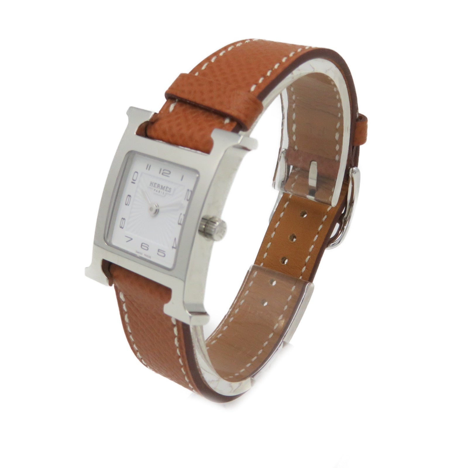 HERMES Heure H watch Stainless Steel/Epsom Leather Band Quartz Watch White/Gold Brown