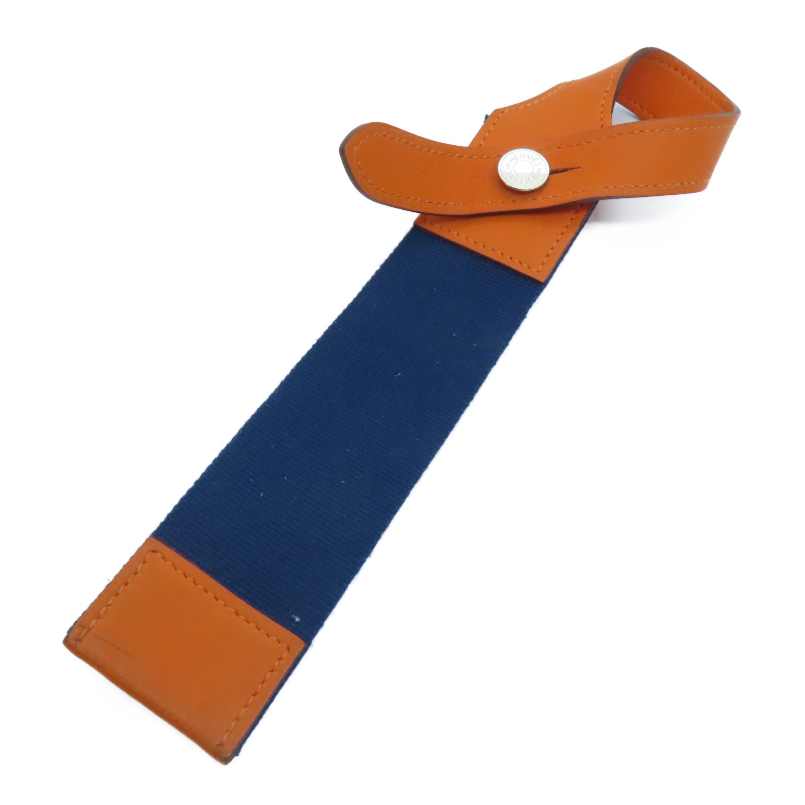 HERMES Evercolor Leather Charm Silver Buckle Charm Orange/Navy Blue
