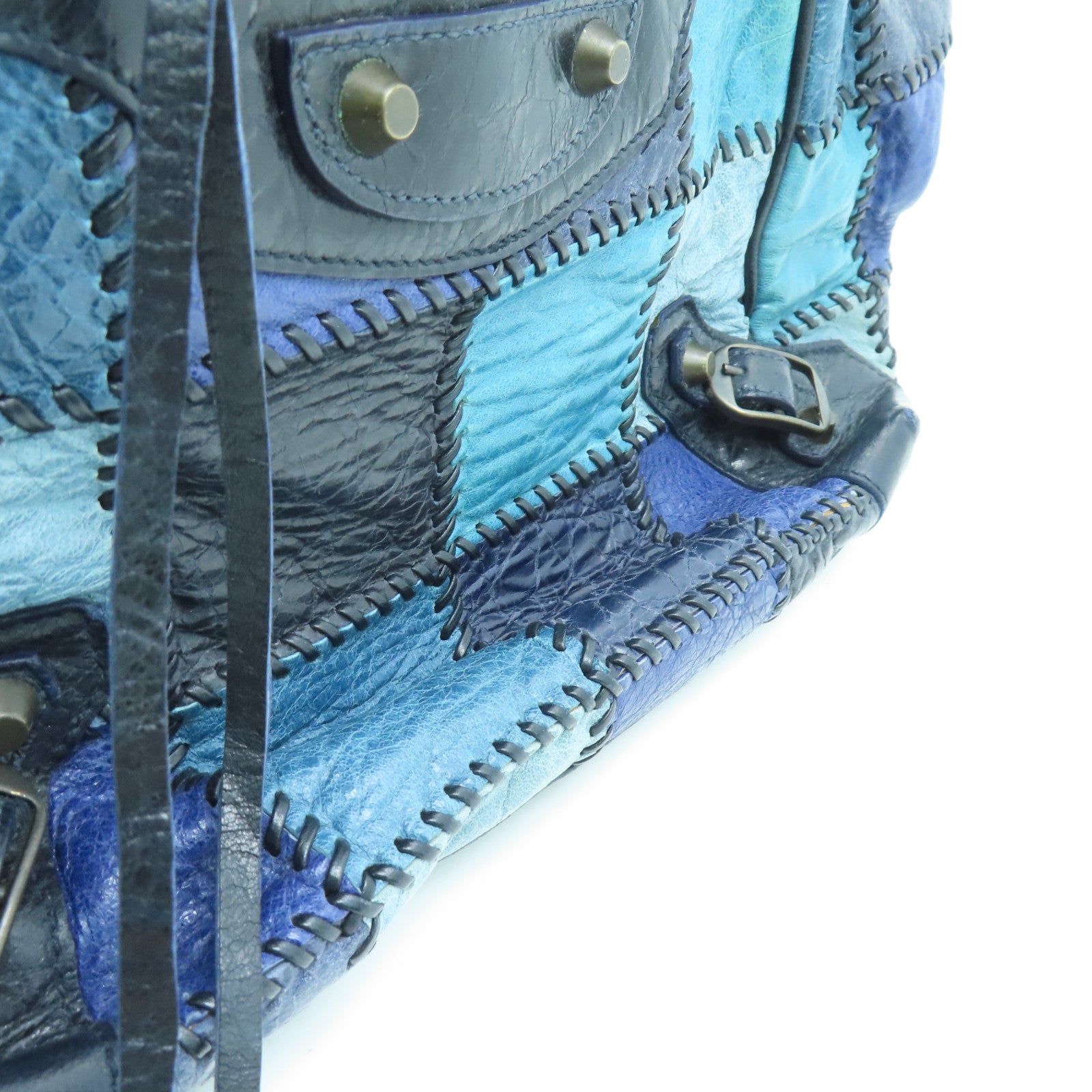 BALENCIAGA Cowhide Leather Tote Bag Gold Buckle Handle Bag Blue