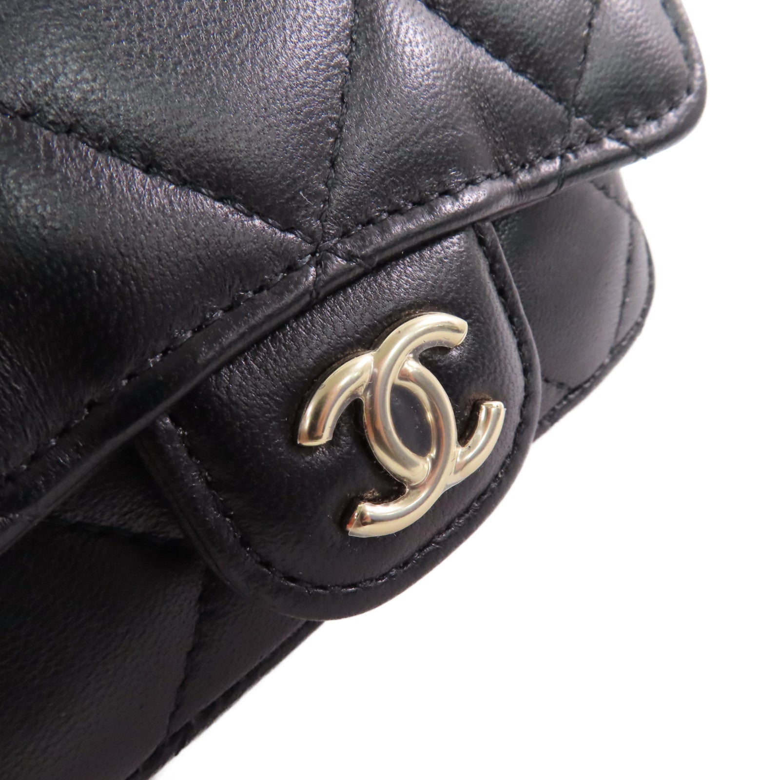CHANEL 菱格羊皮皮革Chain Mini Shoulder Card Case金扣鏈帶肩背卡套黑色
