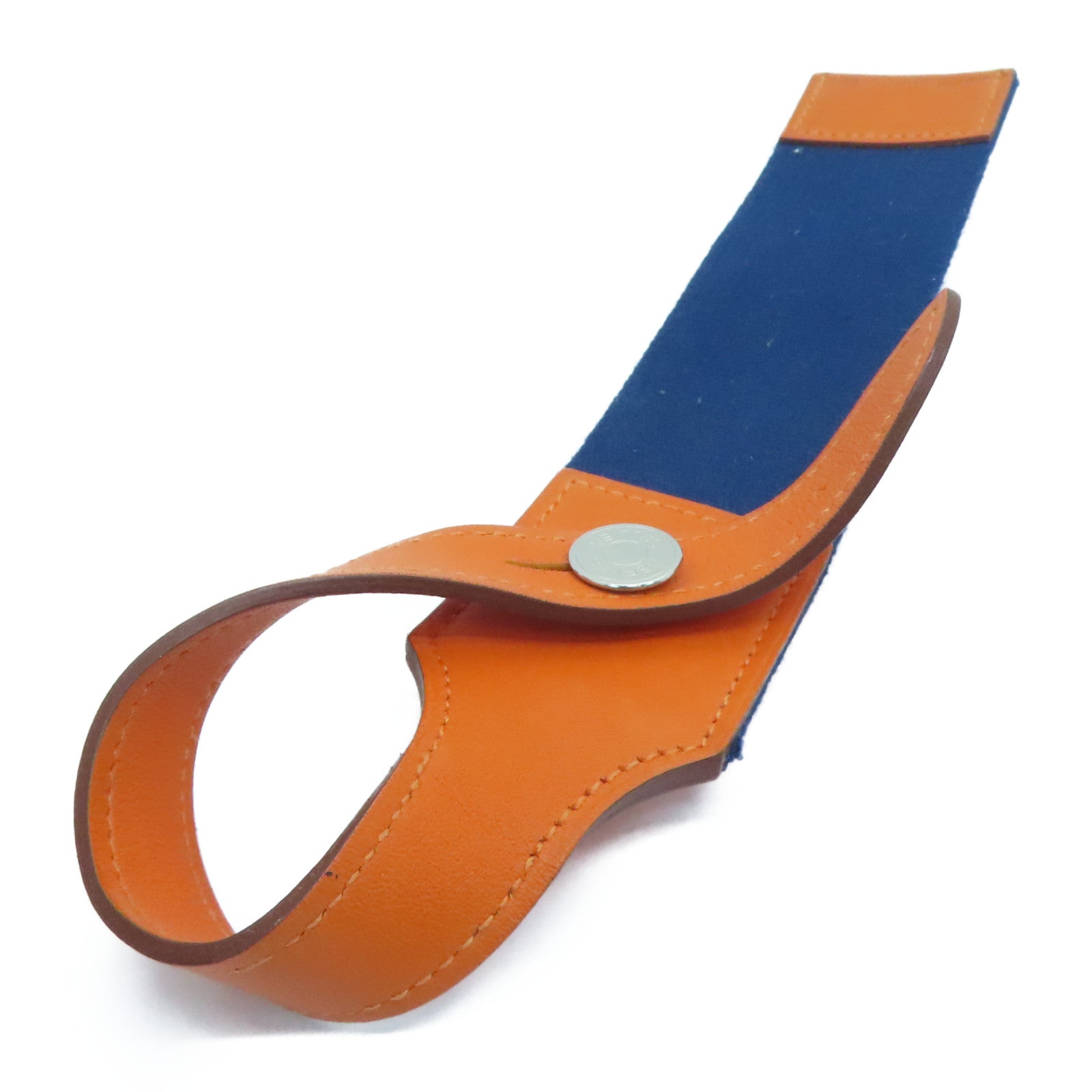 HERMES Evercolor Leather Charm Silver Buckle Charm Orange/Navy Blue