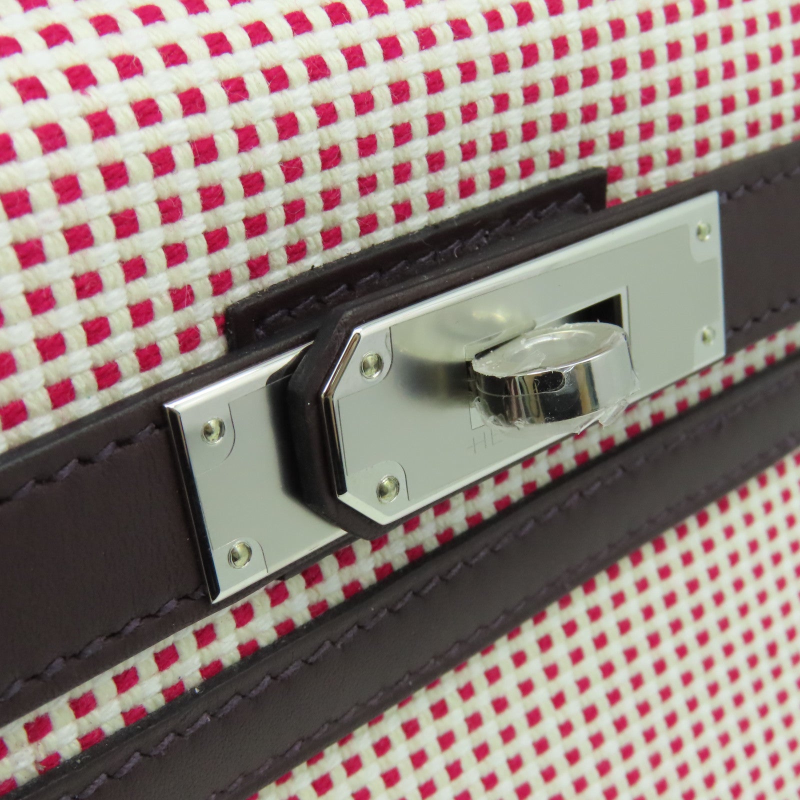 HERMES Swift皮革/Toile帆布Kelly 28 2Way Hand Bag银扣手挽肩背两用袋RG Sellier红色/白色/啡色