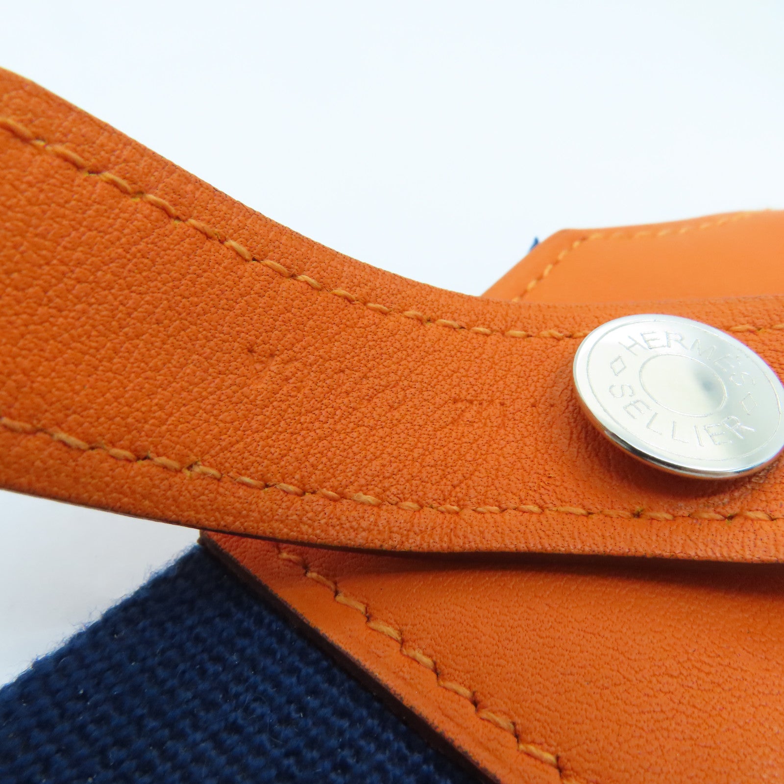 HERMES Evercolor Leather Charm Silver Buckle Charm Orange/Navy Blue