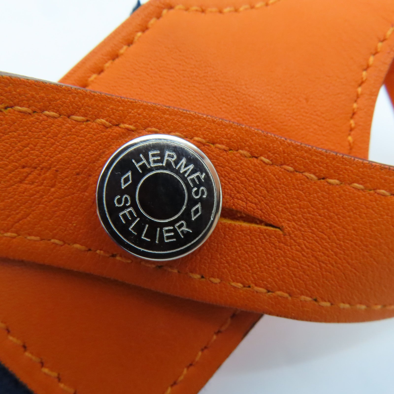 HERMES Evercolor Leather Charm Silver Buckle Charm Orange/Navy Blue