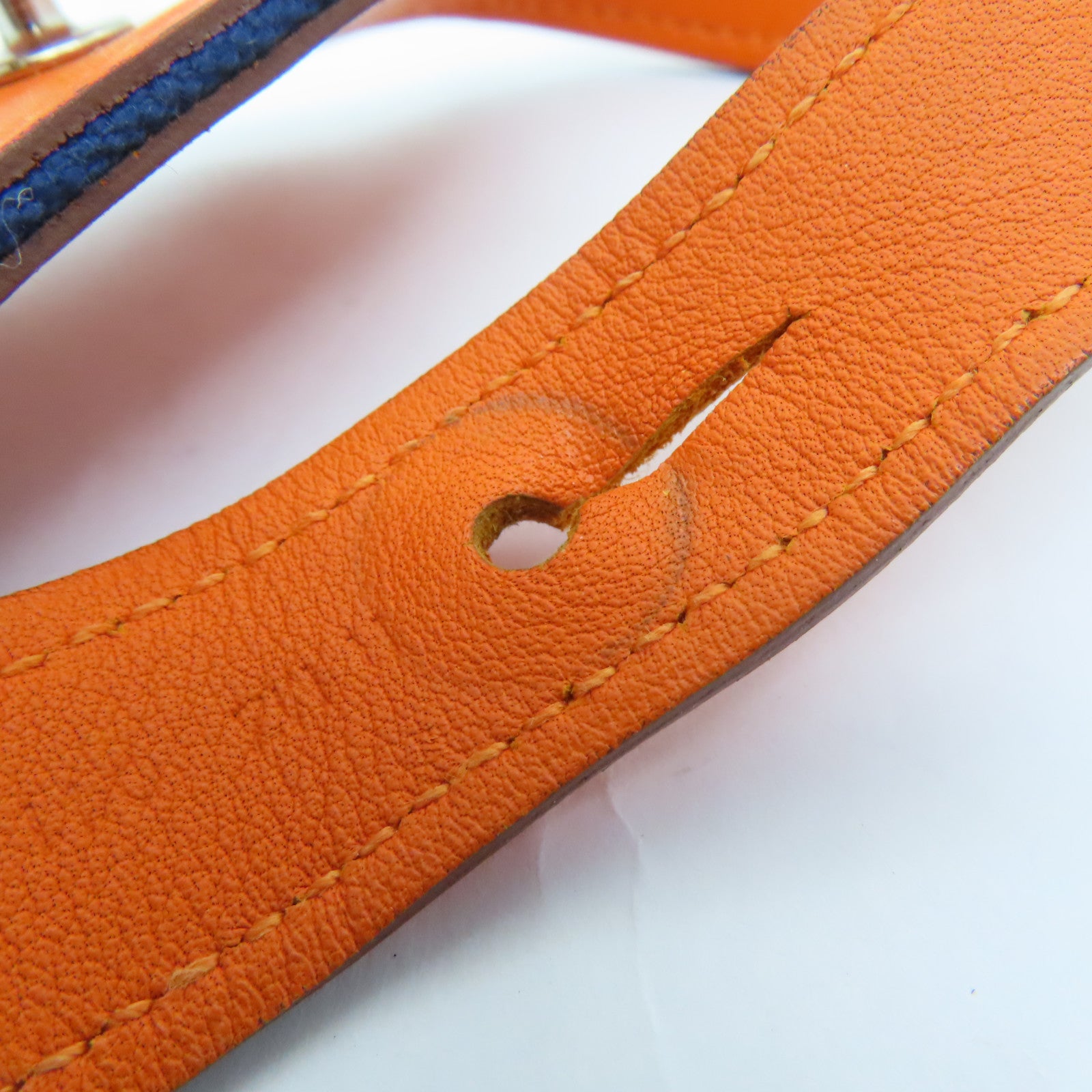 HERMES Evercolor Leather Charm Silver Buckle Charm Orange/Navy Blue