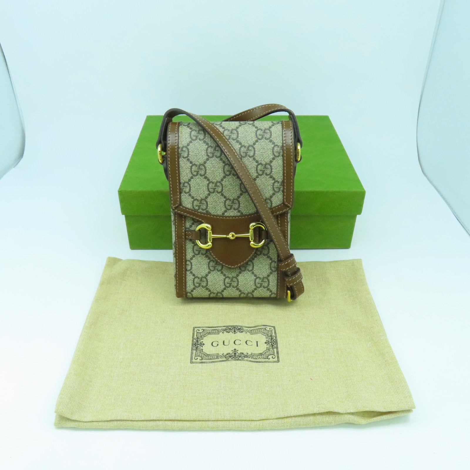 GUCCI 塗層帆布Horsebit 1955 Mini金扣肩背袋啡色