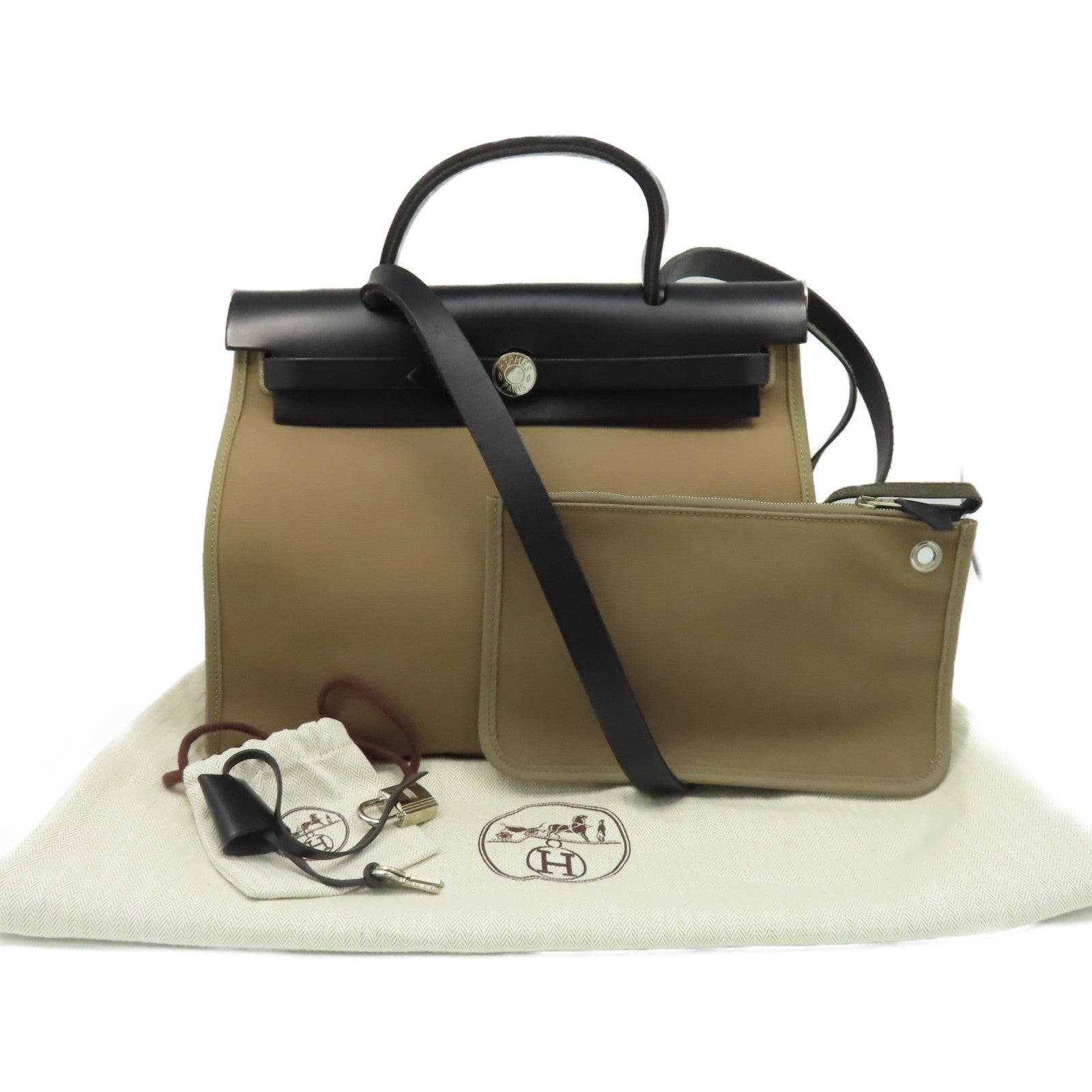 HERMES 帆布Herbag PM 2Way Shoulder Bag銀扣手挽肩背兩用袋Etoupe大象灰