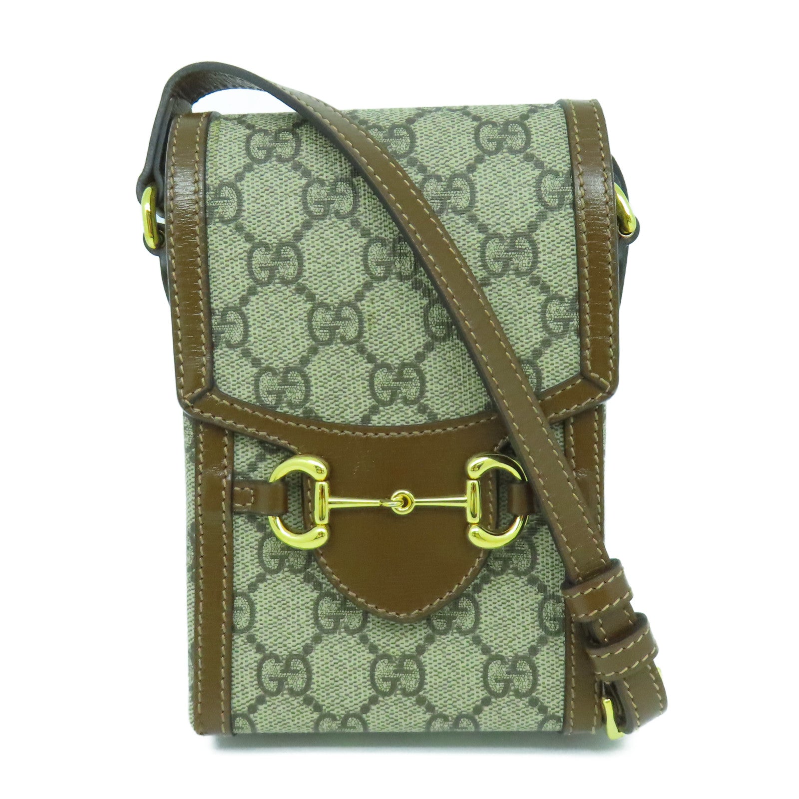 GUCCI 塗層帆布Horsebit 1955 Mini金扣肩背袋啡色