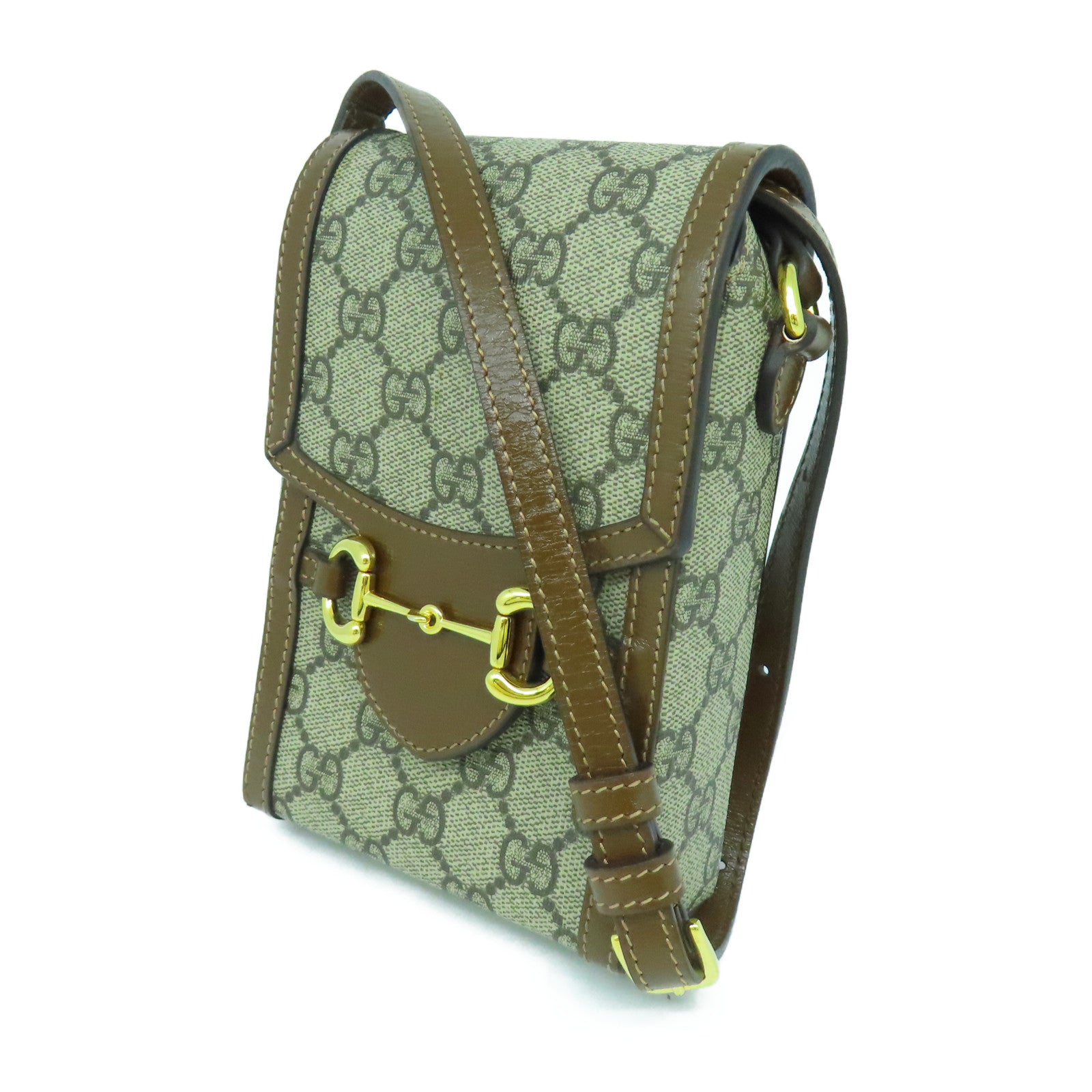GUCCI 塗層帆布Horsebit 1955 Mini金扣肩背袋啡色