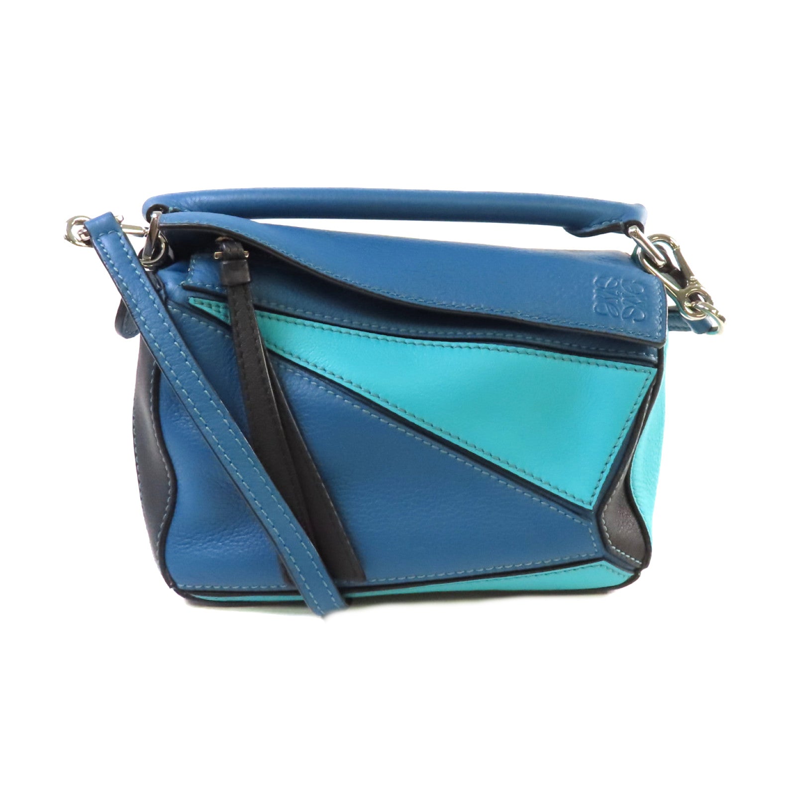 LOEWE 牛皮皮革Mini Puzzle Shoulder Bag銀扣肩背袋藍色/綠色/黑色