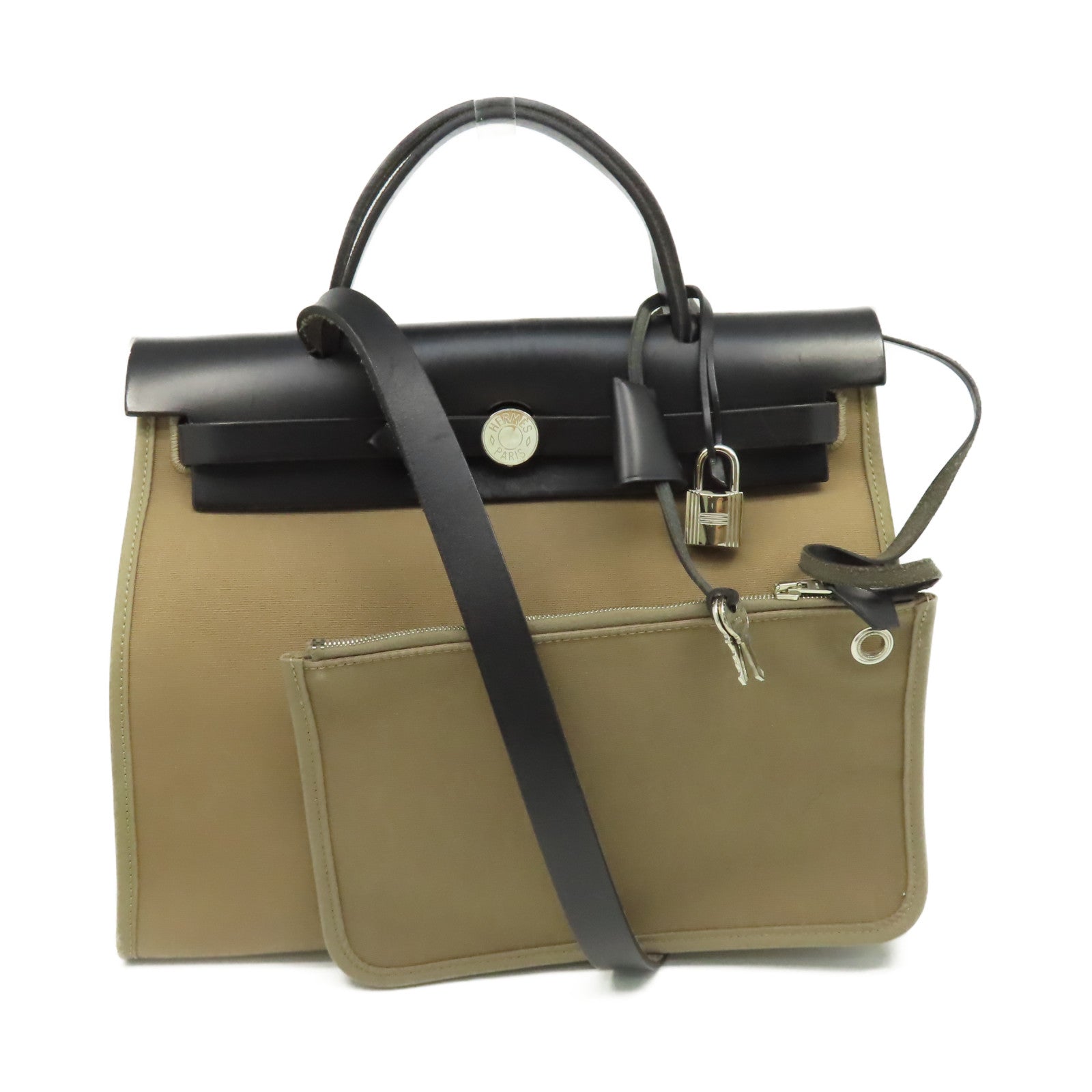 HERMES 帆布Herbag PM 2Way Shoulder Bag銀扣手挽肩背兩用袋Etoupe大象灰