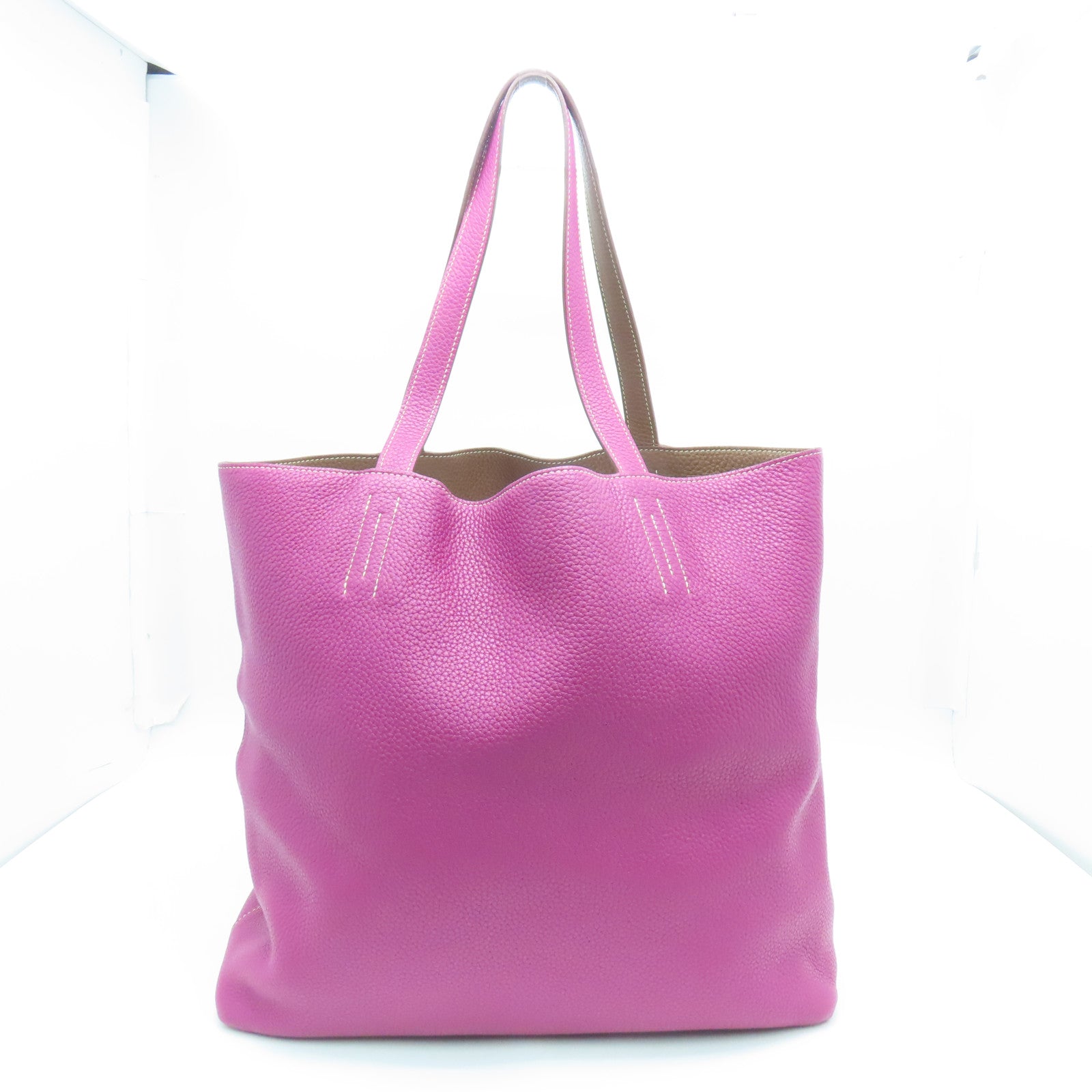 HERMES Clemence皮革Double Sens 45手挽袋Tosca Pink/Marron Fonce紫色/杏色