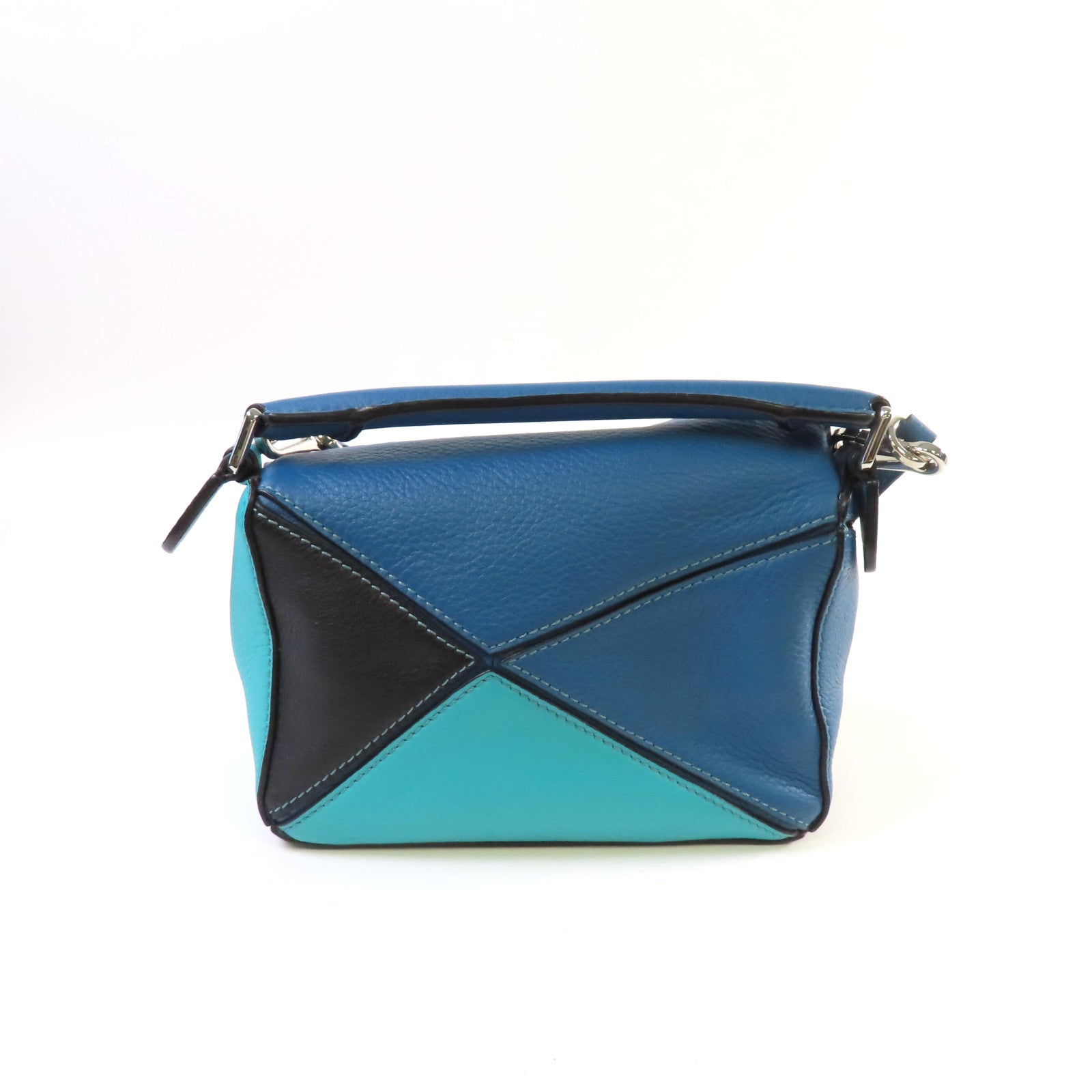 LOEWE 牛皮皮革Mini Puzzle Shoulder Bag銀扣肩背袋藍色/綠色/黑色