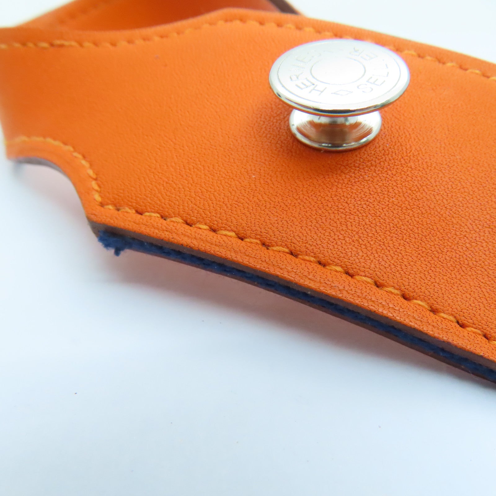 HERMES Evercolor Leather Charm Silver Buckle Charm Orange/Navy Blue