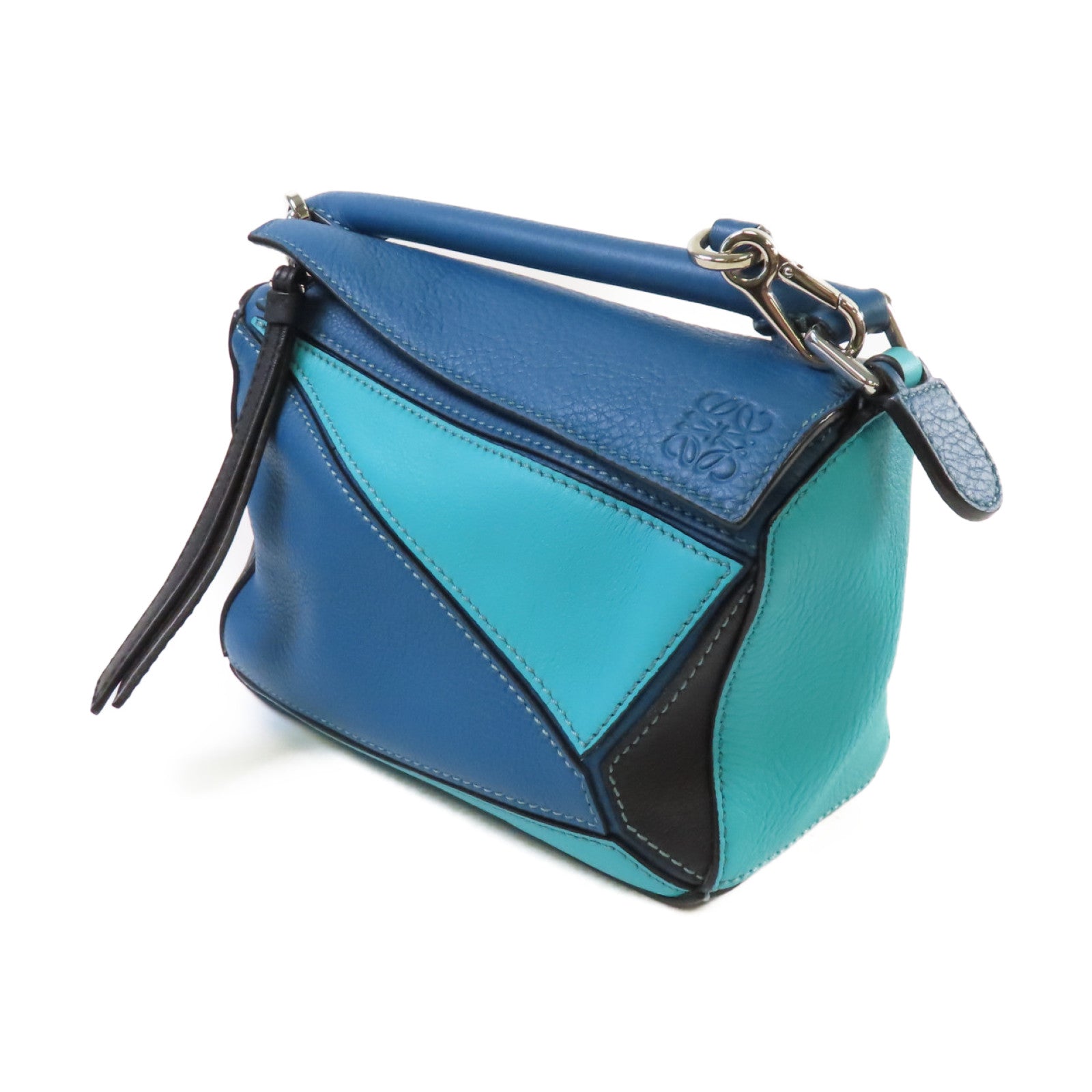 LOEWE 牛皮皮革Mini Puzzle Shoulder Bag銀扣肩背袋藍色/綠色/黑色