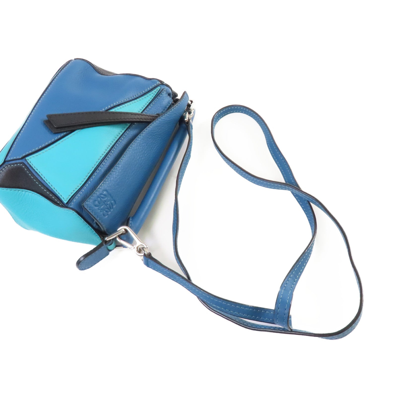 LOEWE 牛皮皮革Mini Puzzle Shoulder Bag銀扣肩背袋藍色/綠色/黑色