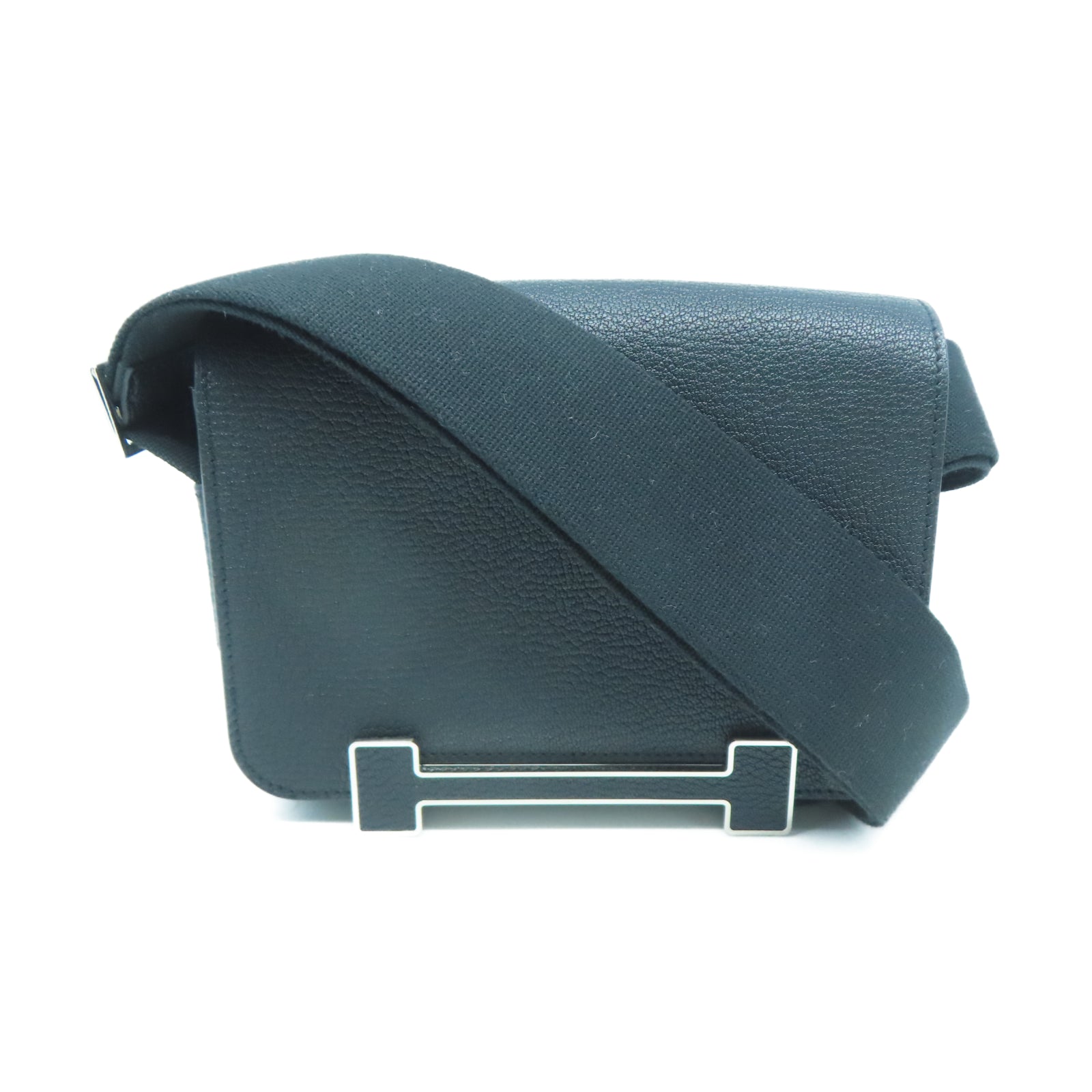 HERMES Chevre皮革Geta Bag銀扣肩背袋黑色