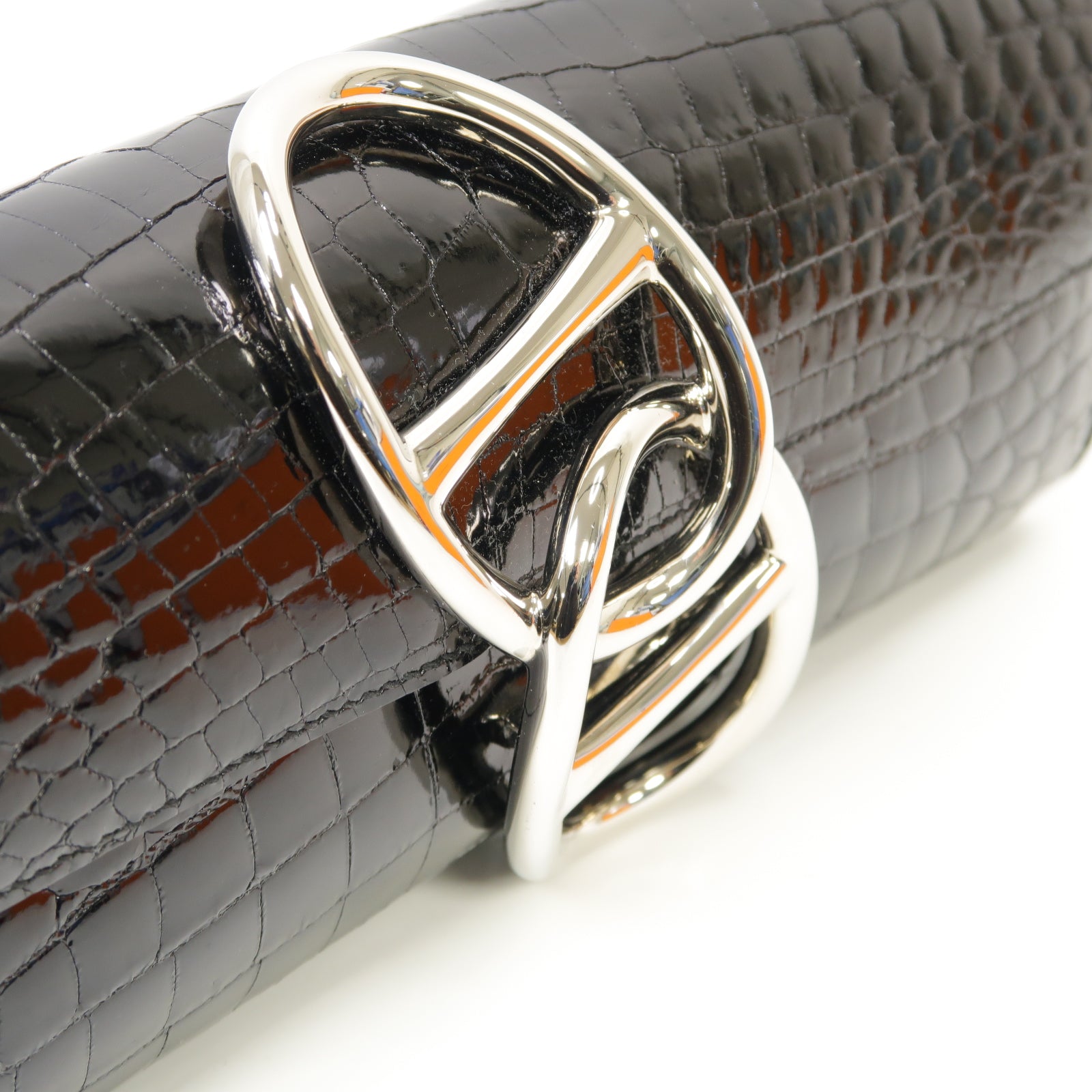 HERMES 鱷魚皮革Egee Clutch銀扣手拿包黒色