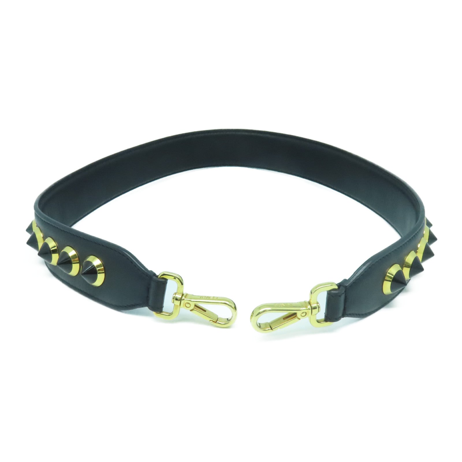 FENDI Cowhide Leather Studded Strap Gold Buckle Charm Black