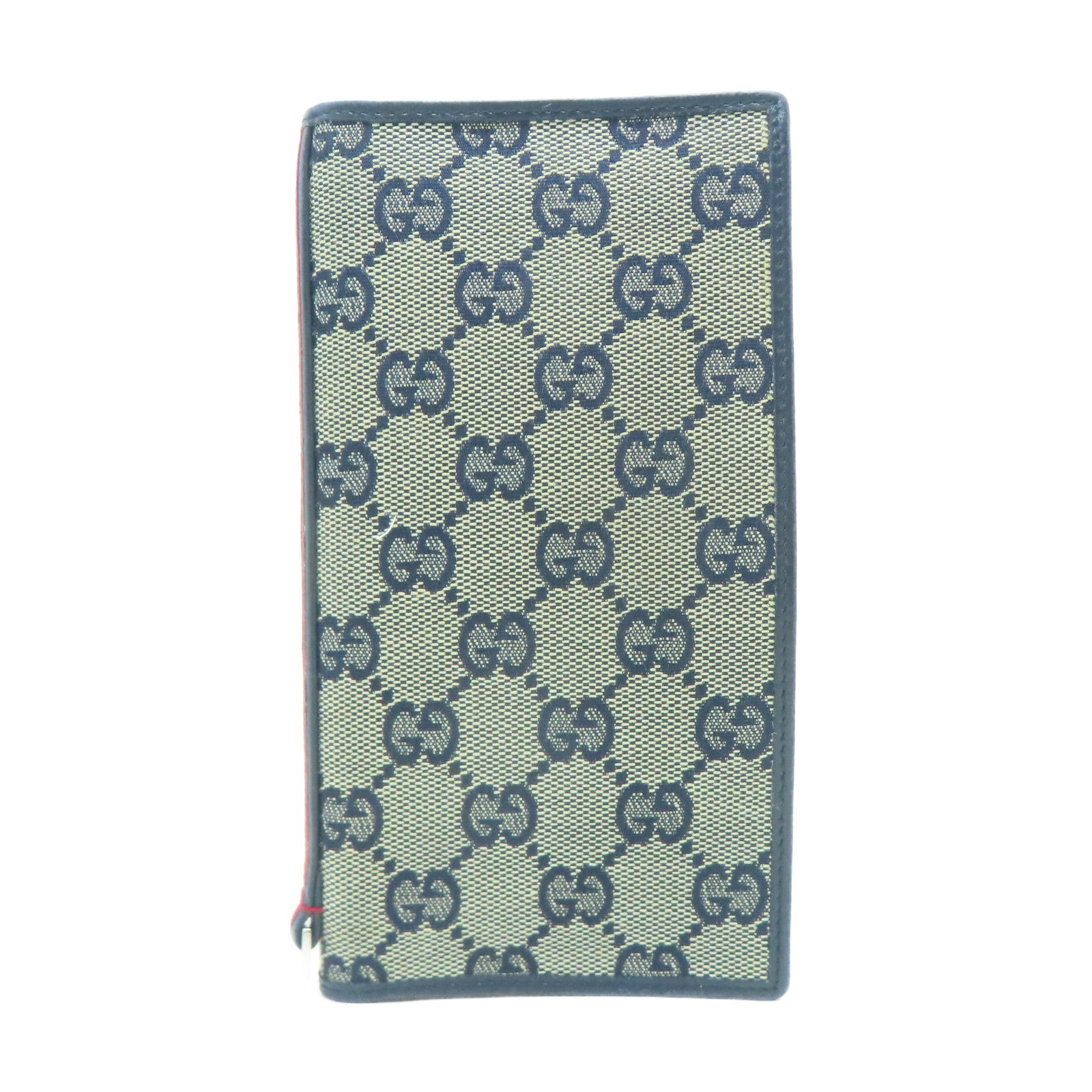 GUCCI 帆布/皮革Long Wallet銀扣長錢包深藍色