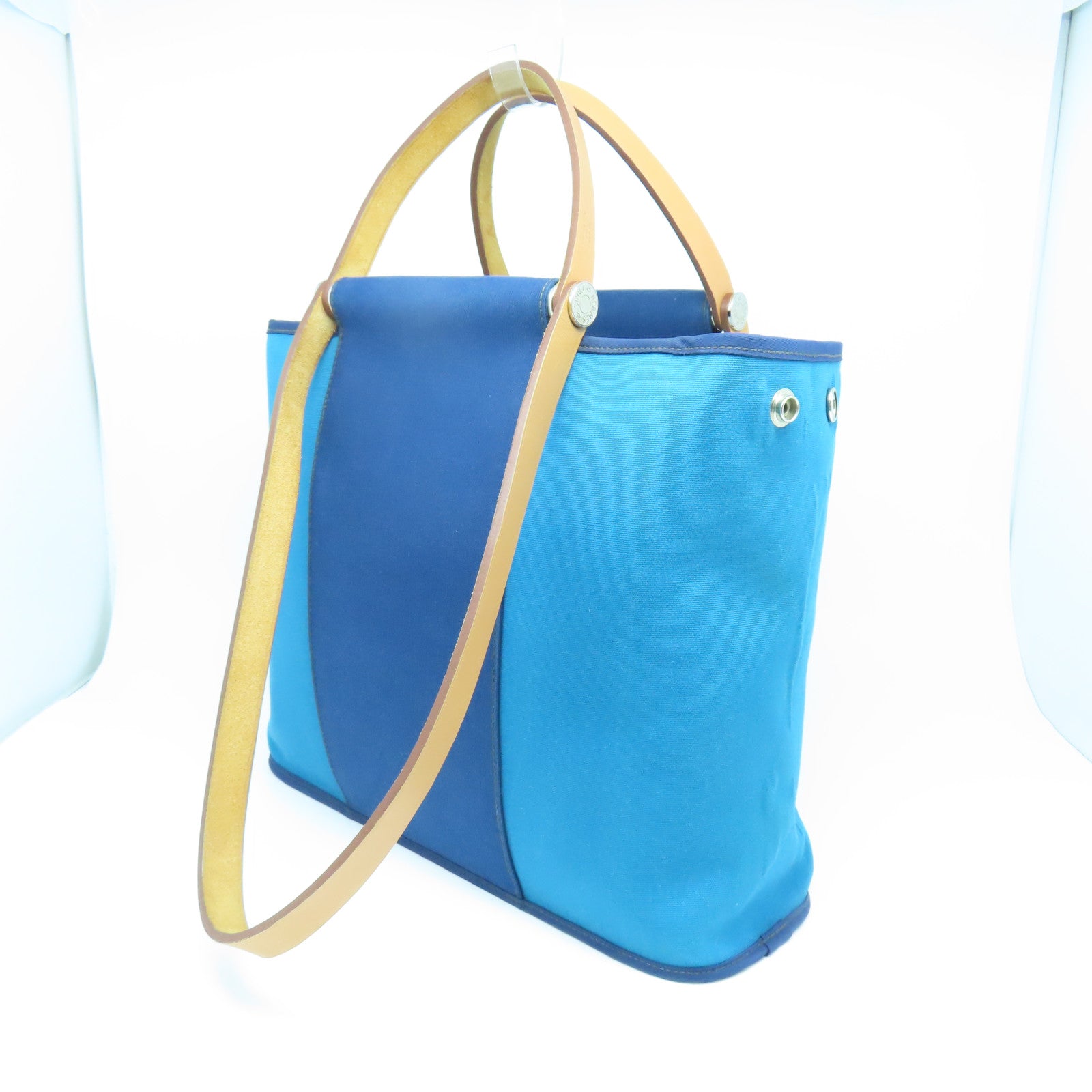 HERMES 帆布Cabag銀扣手挽肩背兩用袋藍色