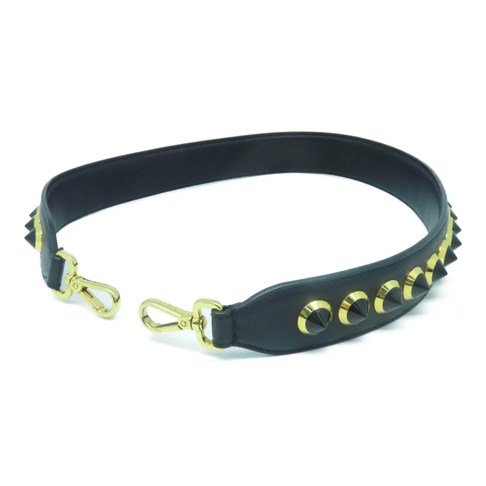 FENDI Cowhide Leather Studded Strap Gold Buckle Charm Black