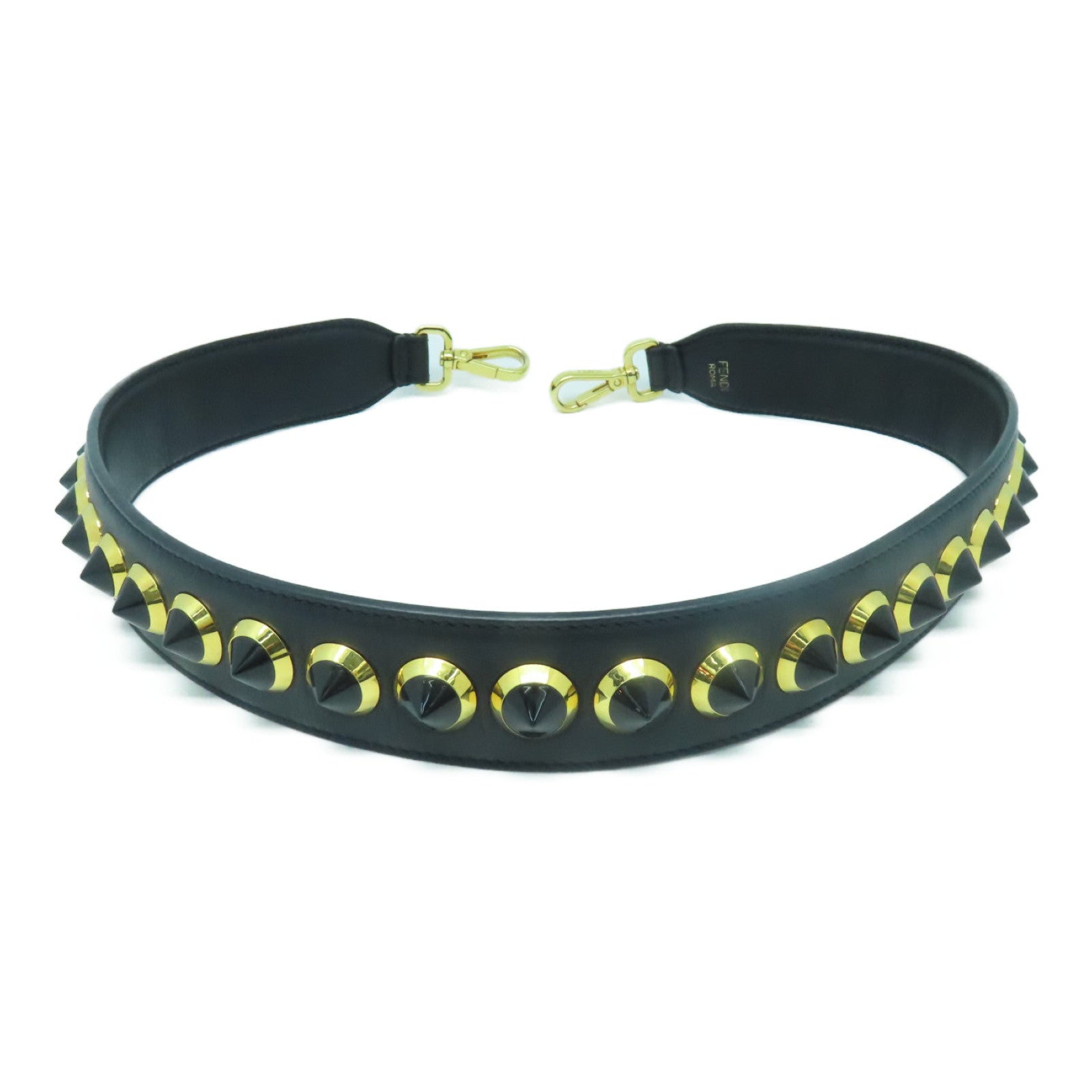 FENDI Cowhide Leather Studded Strap Gold Buckle Charm Black
