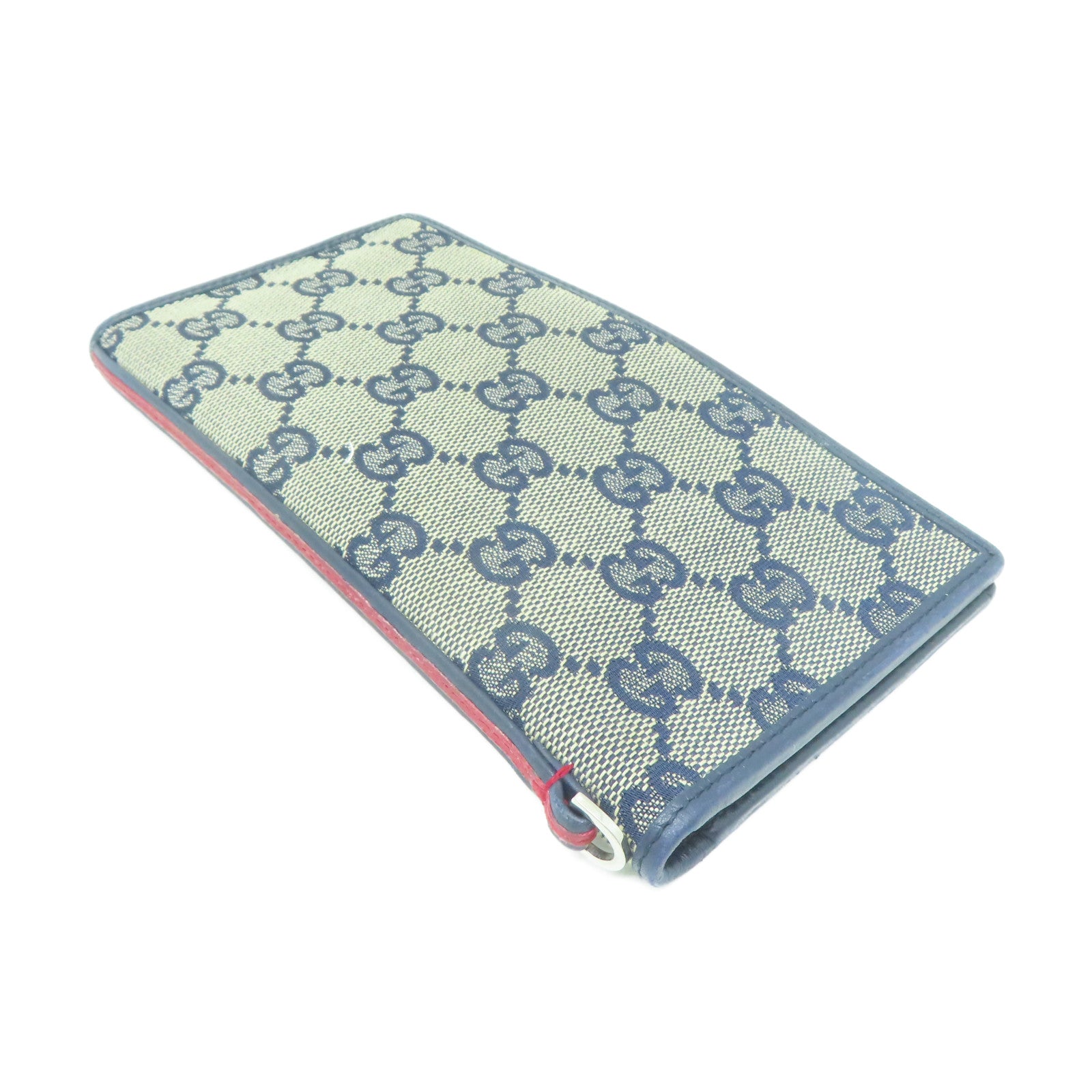 GUCCI 帆布/皮革Long Wallet銀扣長錢包深藍色