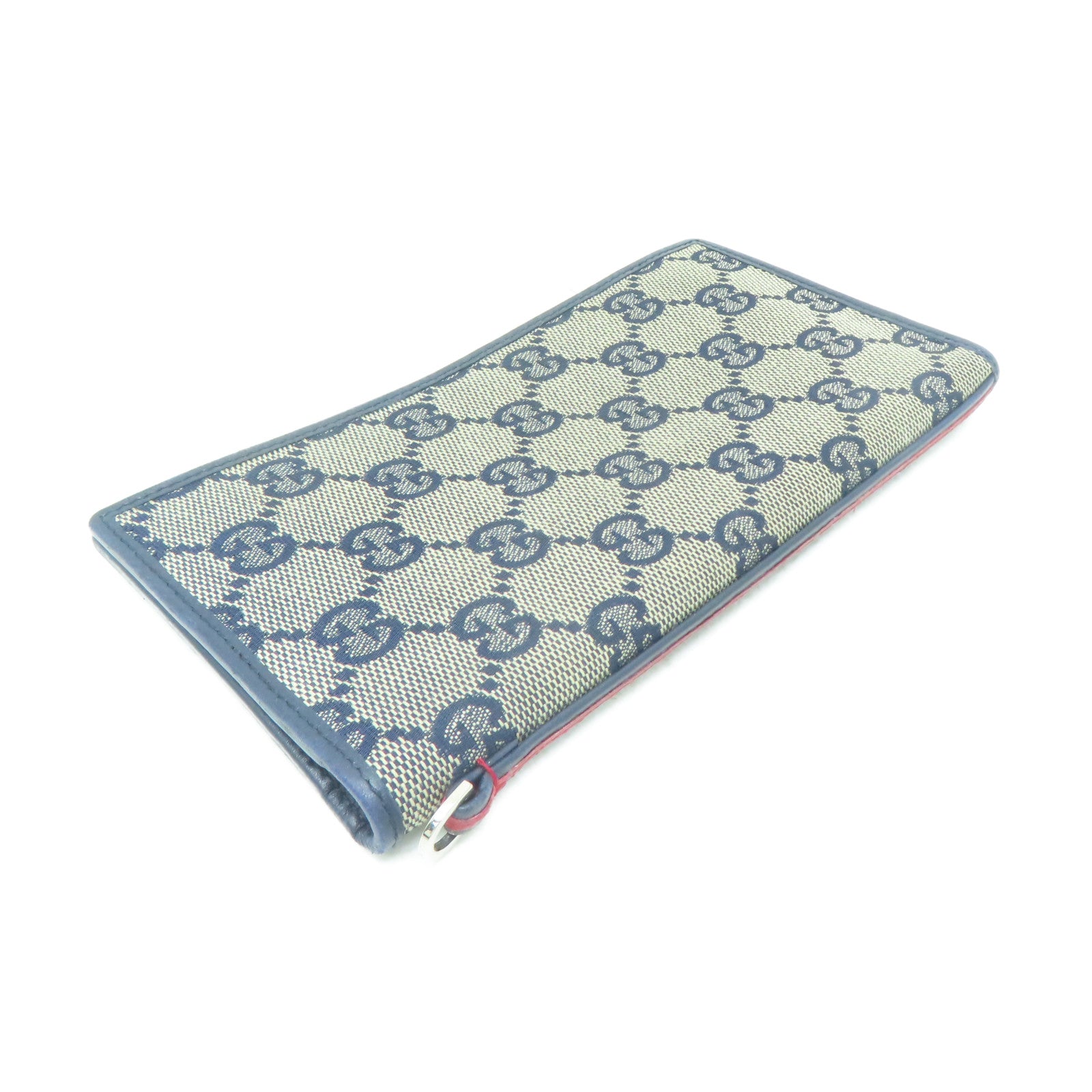 GUCCI 帆布/皮革Long Wallet銀扣長錢包深藍色