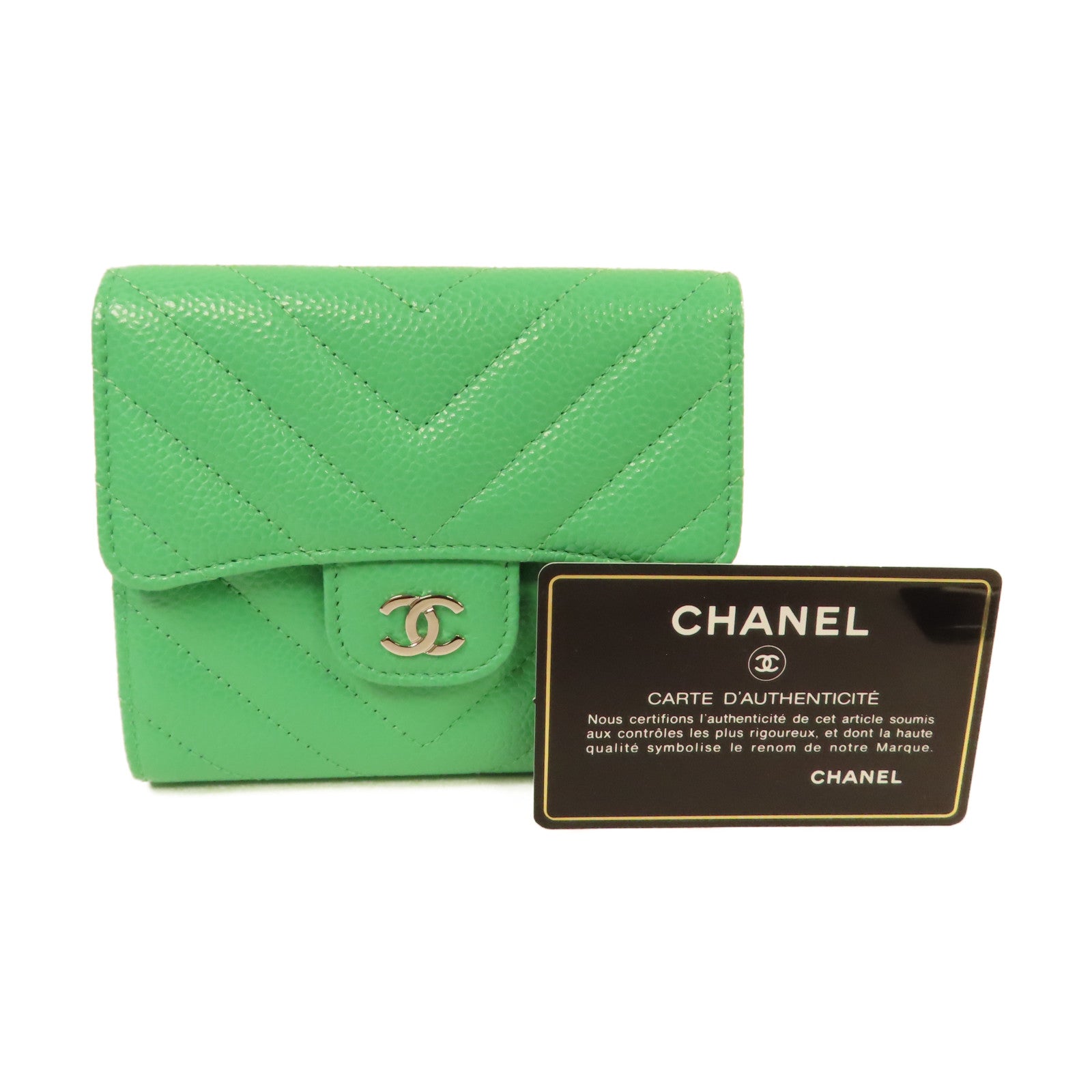 CHANEL 斜紋Caviar皮革Fold Wallet銀扣短錢包綠色